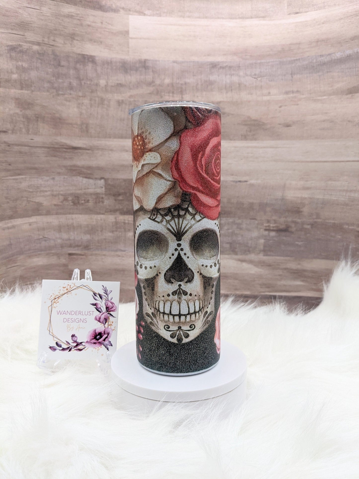 Spooky Skulls with Flowers/Roses and Bats 20 Oz Sublimated Skinny Tumbler - Insulated Stainless Black, Pink, Grey