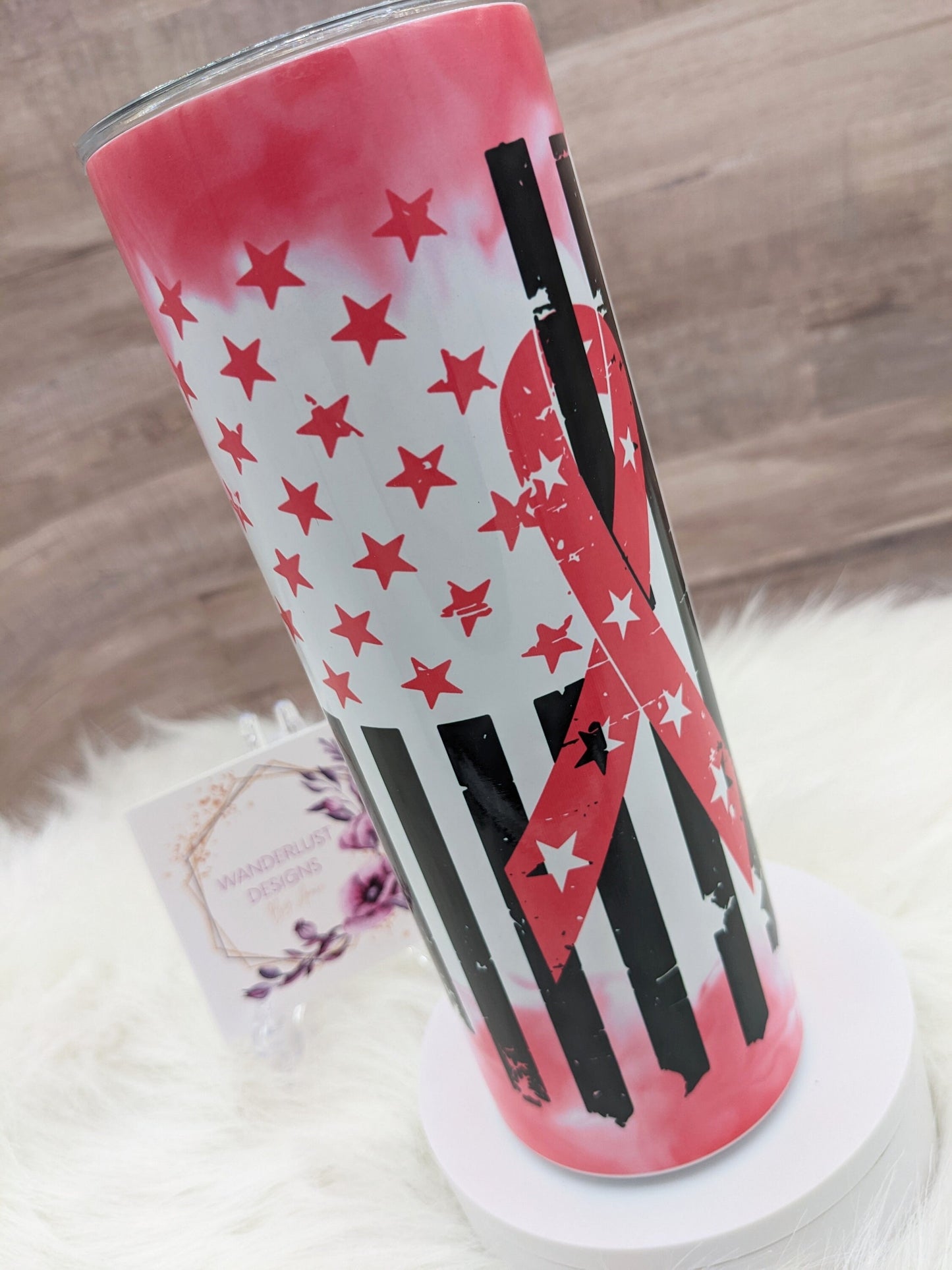 Breast Cancer Awareness Warrior Floral with Flag 20 Oz Sublimated Skinny Tumbler - Insulated Stainless Pink October BCA