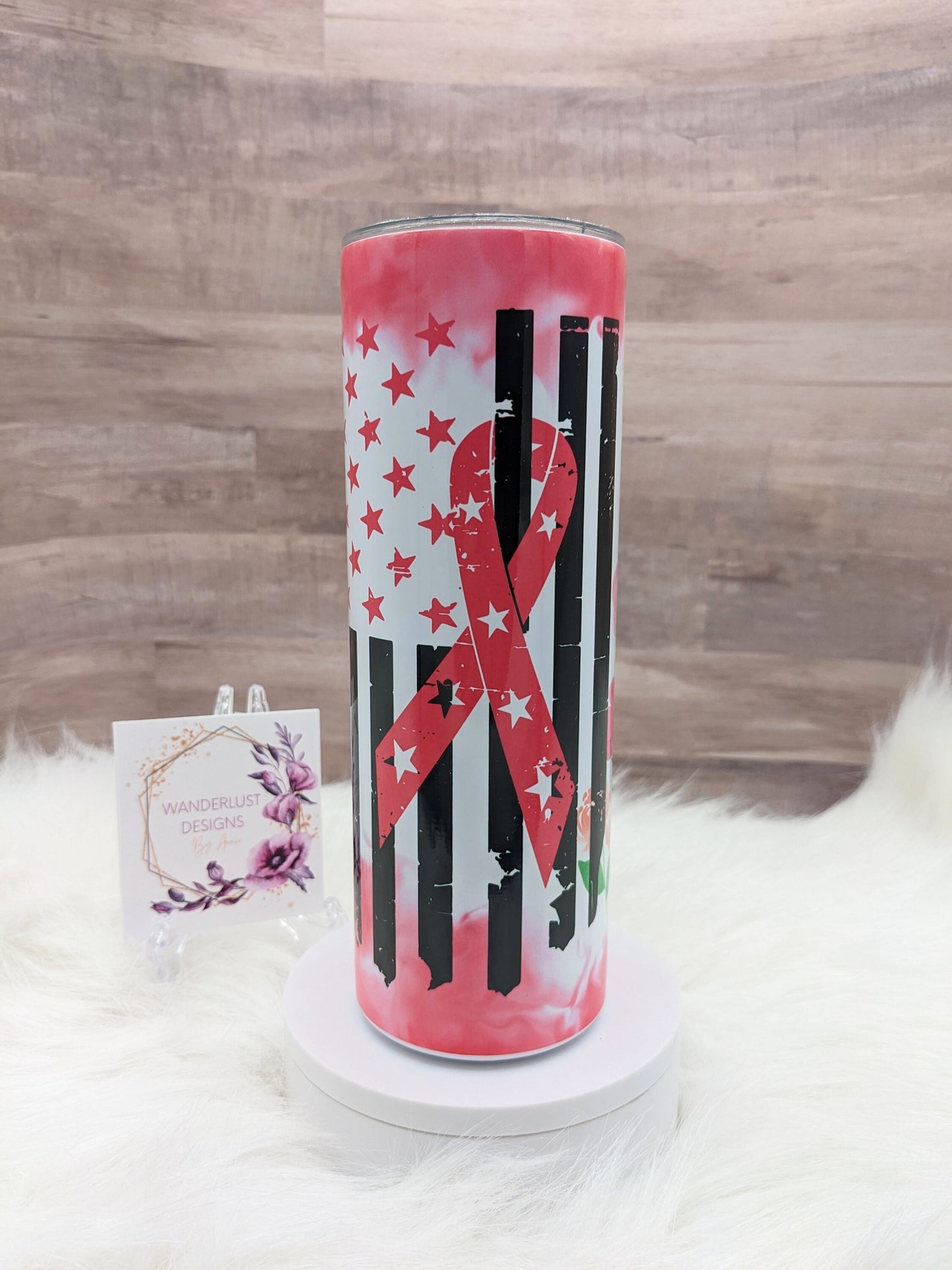 Breast Cancer Awareness Warrior Floral with Flag 20 Oz Sublimated Skinny Tumbler - Insulated Stainless Pink October BCA