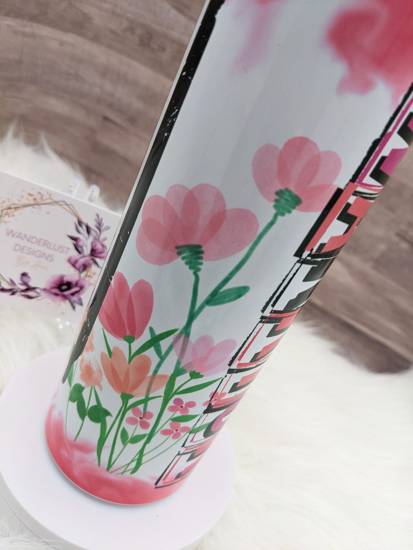 Breast Cancer Awareness Warrior Floral with Flag 20 Oz Sublimated Skinny Tumbler - Insulated Stainless Pink October BCA