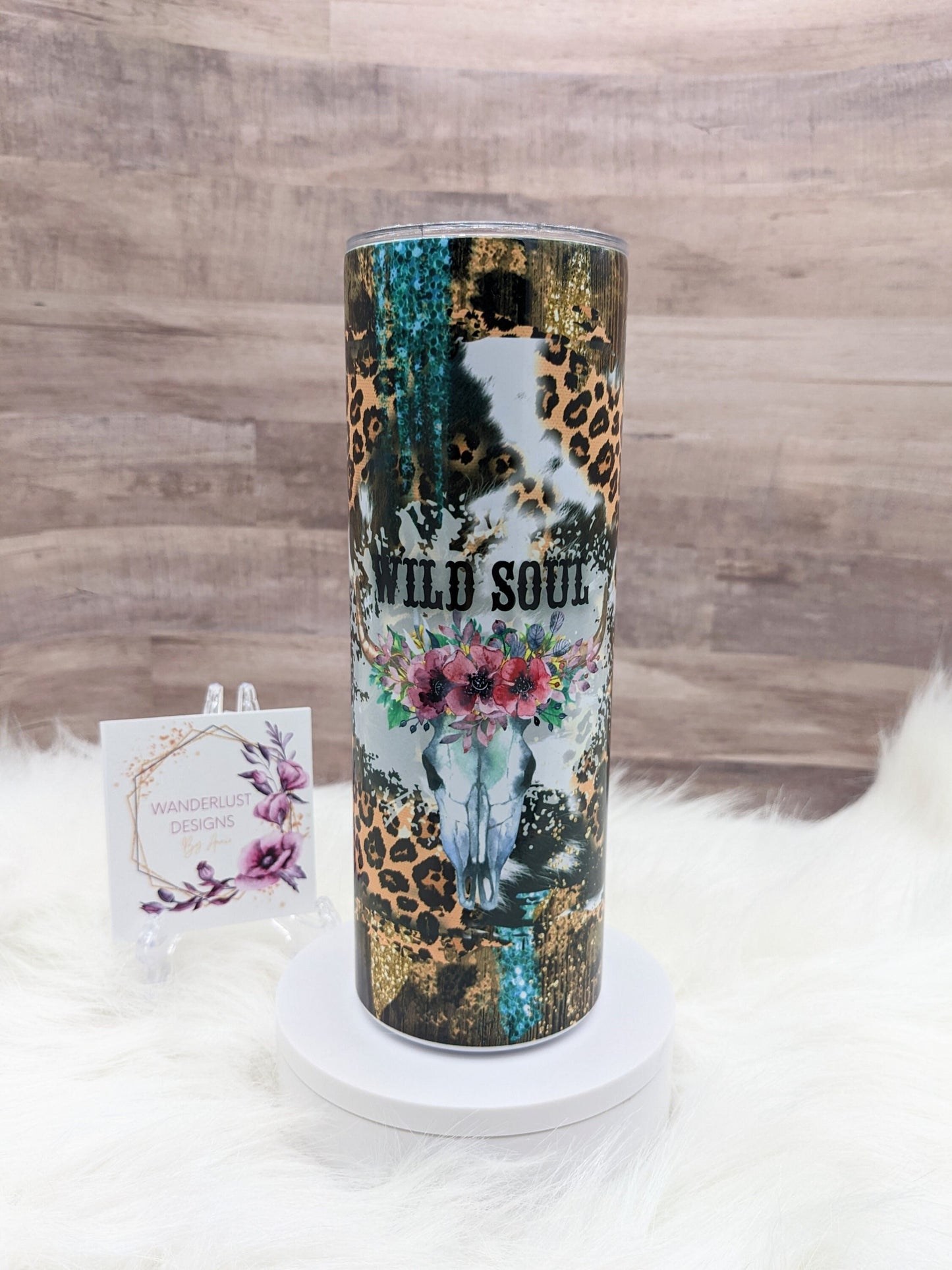 Wild Soul Leopard Glitter Bling Longhorn with Flowers Western Combs 20 Oz Sublimated Skinny Tumbler - Insulated Stainless Boho