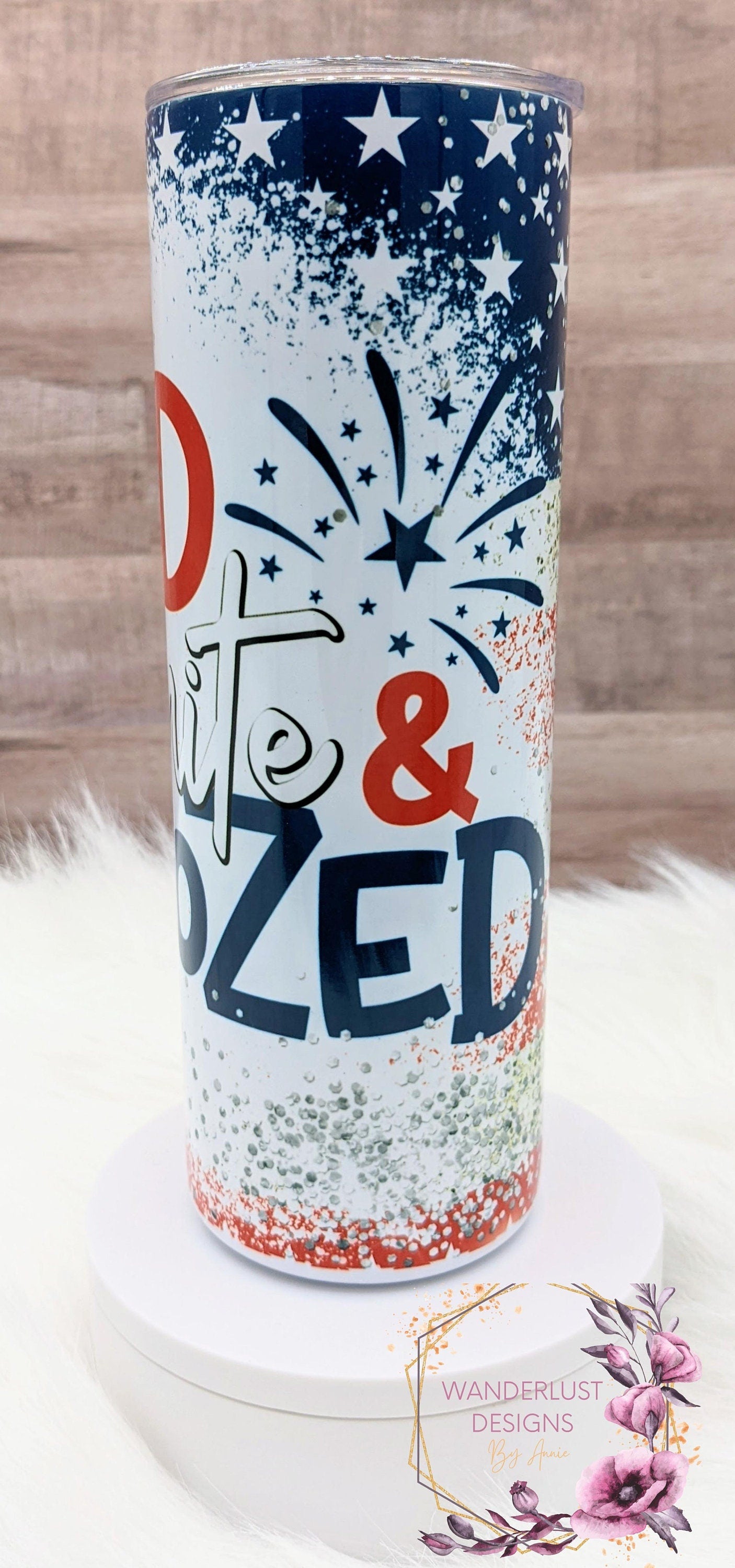 Red White & Boozed USA Flag Glitter Fireworks Sublimation 20 Oz Skinny Tumbler - Insulated Stainless