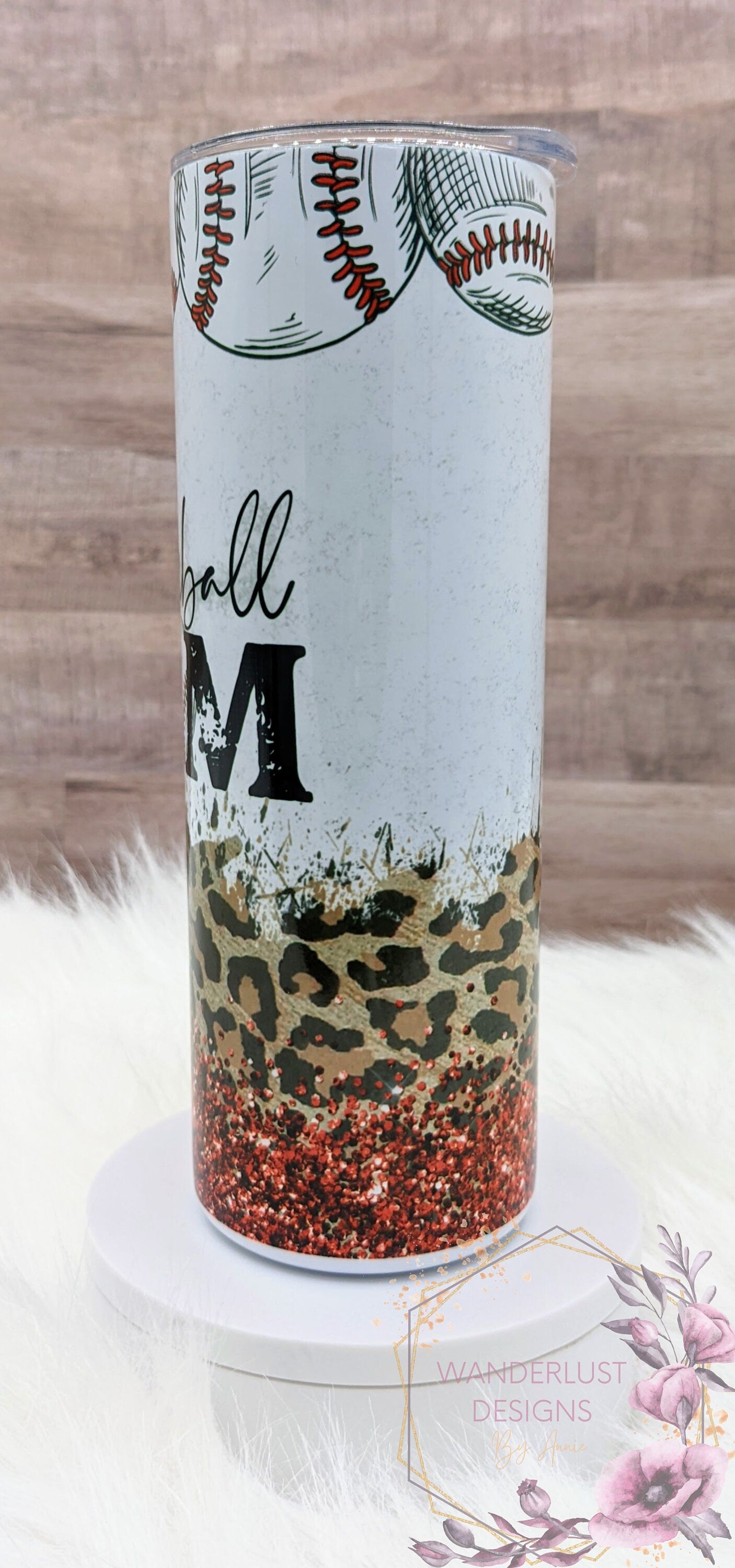 Baseball Mom Leopard Red Glitter Distressed 20 Oz Sublimated Skinny Tumbler - Insulated Stainless