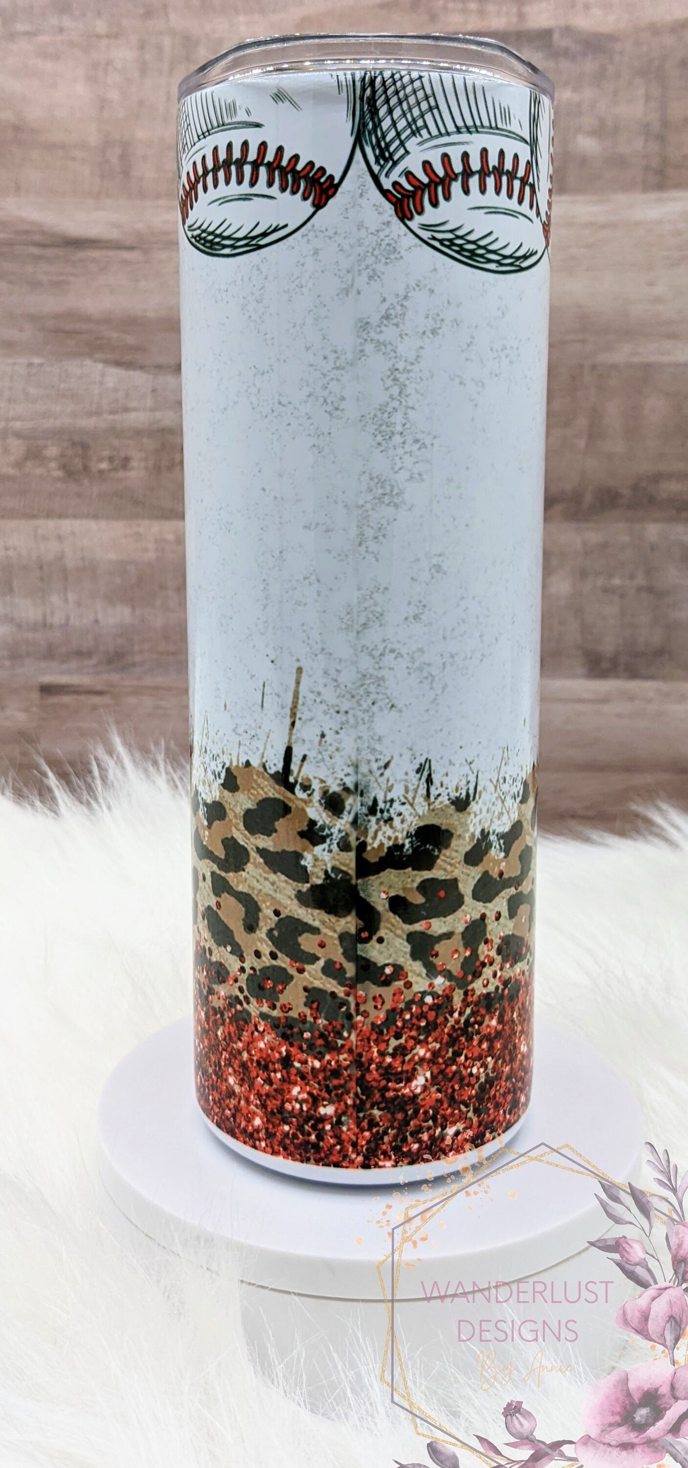 Baseball Mom Leopard Red Glitter Distressed 20 Oz Sublimated Skinny Tumbler - Insulated Stainless