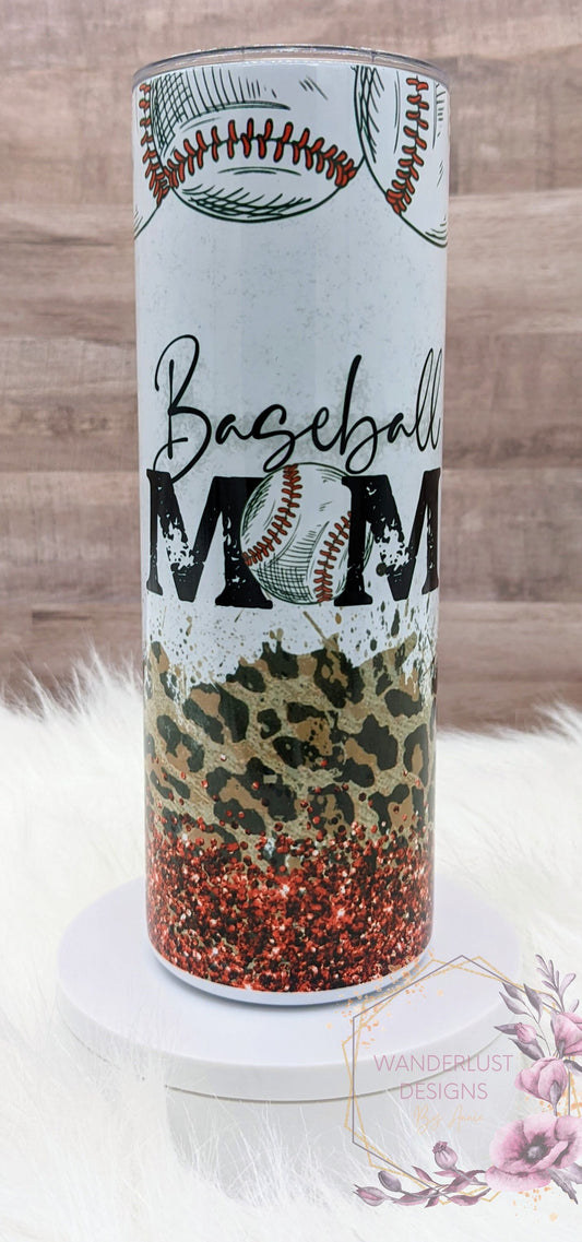 Baseball Mom Leopard Red Glitter Distressed 20 Oz Sublimated Skinny Tumbler - Insulated Stainless