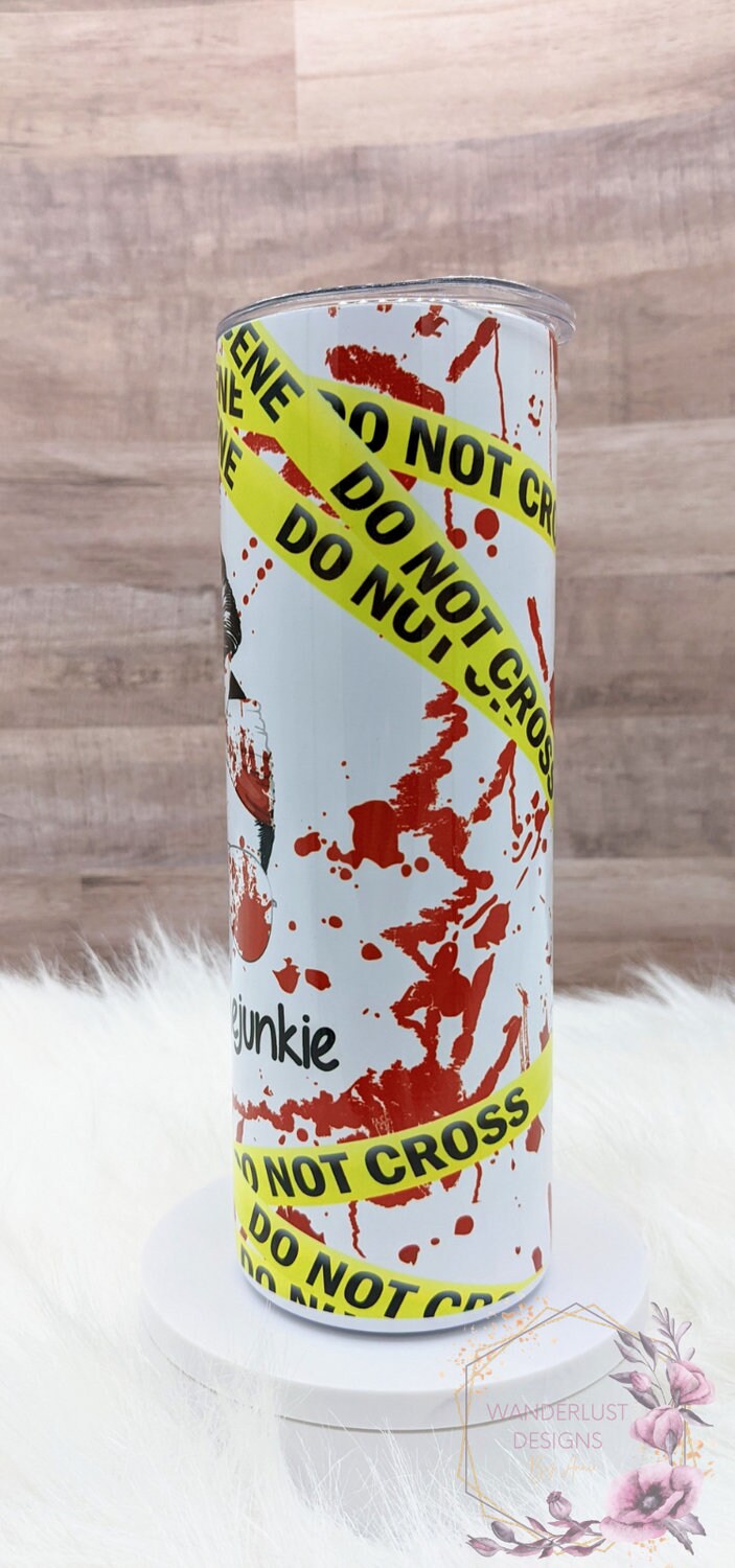 True Crime Junkie 20 Oz Sublimated Skinny Tumbler - Insulated Stainless Bun & Glasses
