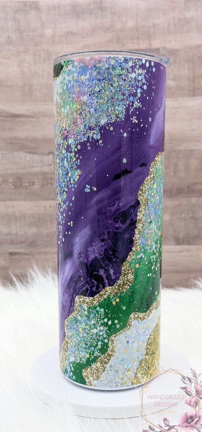 Purple, Green, Gold Agate Iridescent Glitter Mardi Gras 20 Oz Sublimated Skinny Tumbler - Insulated Stainless