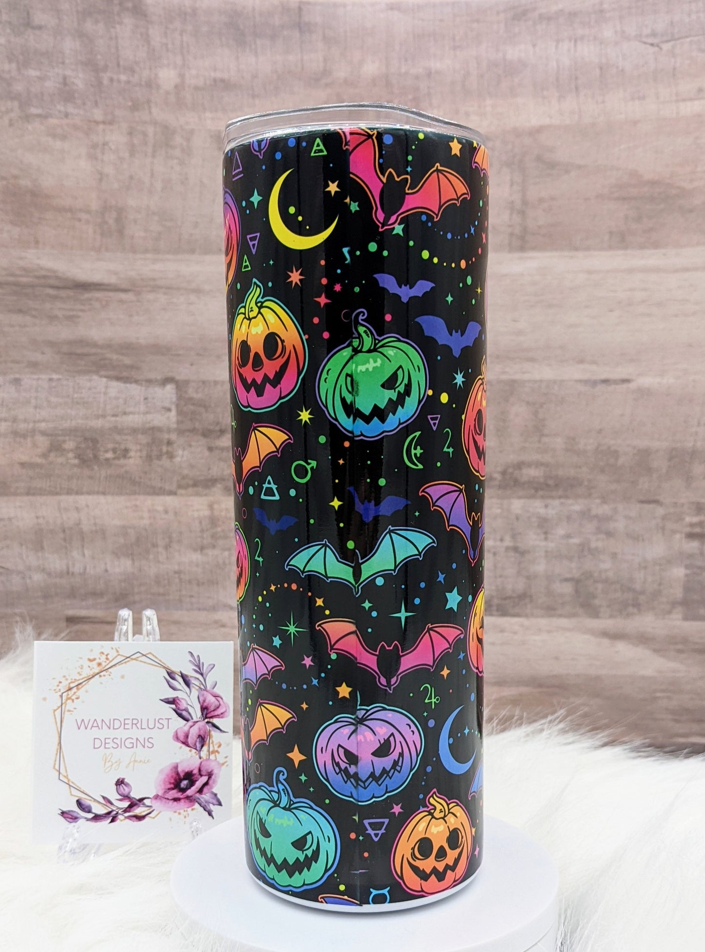 Black and Neon Jackolanterns & Bats Halloween Spooky  20 Oz Sublimated Skinny Tumbler - Insulated Stainless Pumpkins