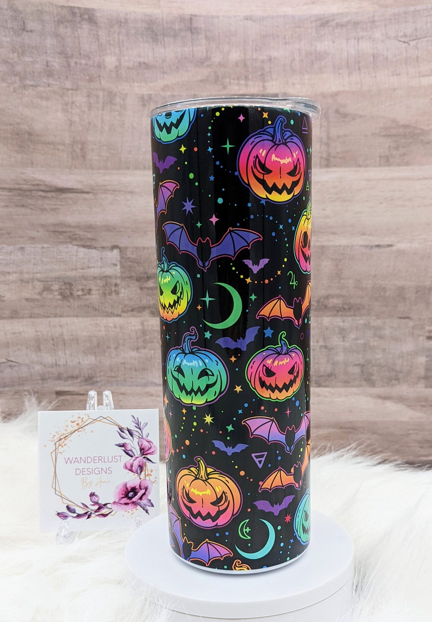 Black and Neon Jackolanterns & Bats Halloween Spooky  20 Oz Sublimated Skinny Tumbler - Insulated Stainless Pumpkins