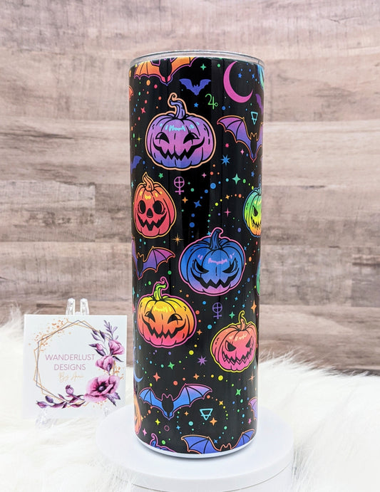 Black and Neon Jackolanterns & Bats Halloween Spooky  20 Oz Sublimated Skinny Tumbler - Insulated Stainless Pumpkins