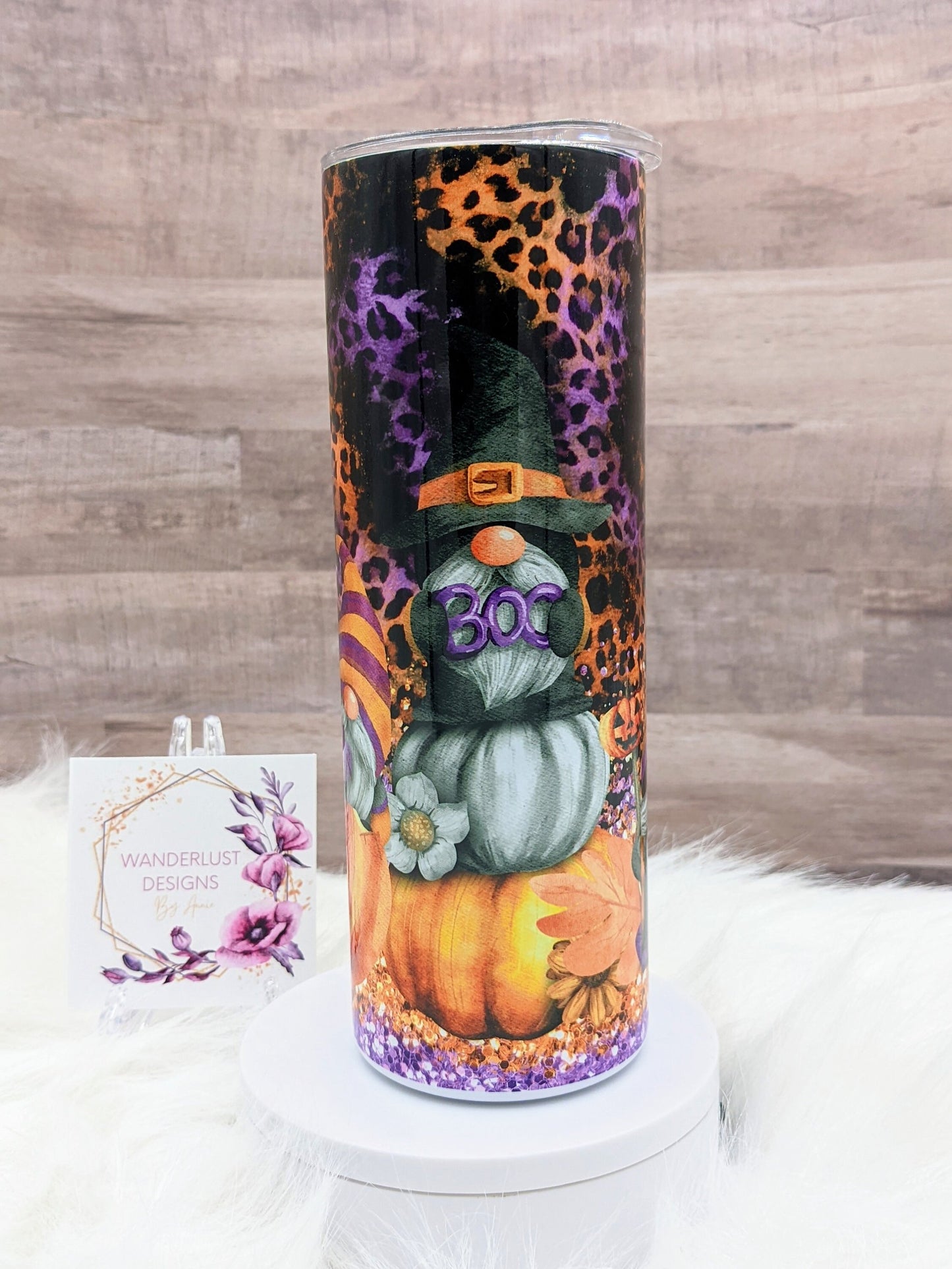 Halloween Boo Gnomes with Leopard & Glitter Pumpkins Fall  20 Oz Sublimated Skinny Tumbler - Insulated Stainless