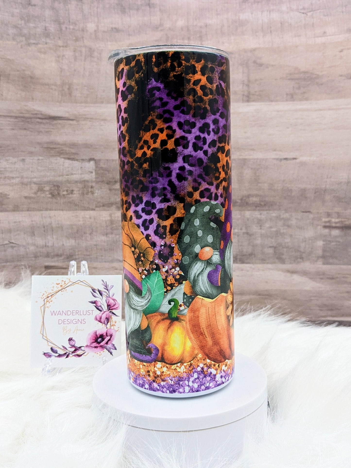 Halloween Boo Gnomes with Leopard & Glitter Pumpkins Fall  20 Oz Sublimated Skinny Tumbler - Insulated Stainless