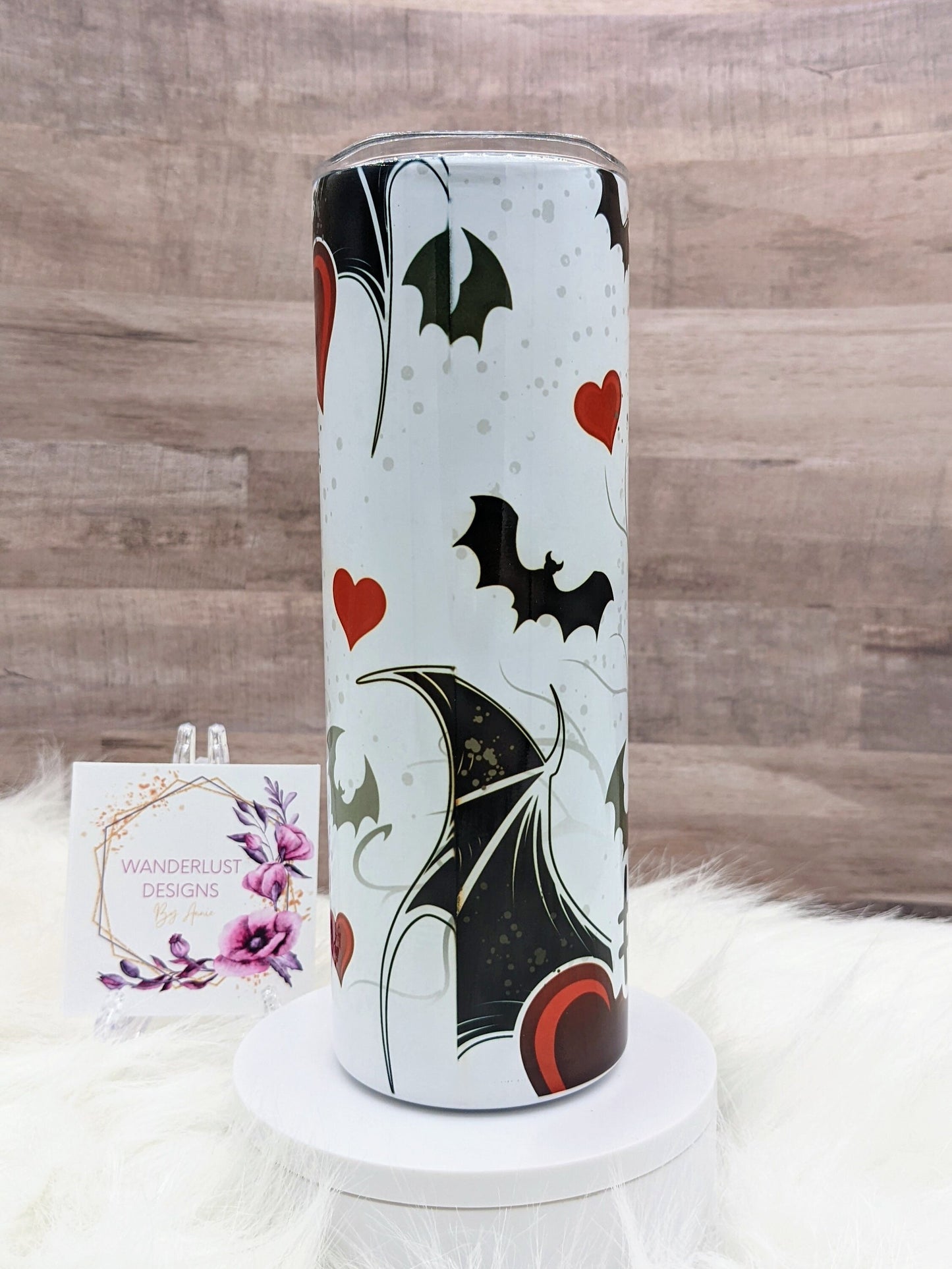 Momster Spooky Mom Bats & Hearts 20 Oz Sublimated Skinny Tumbler - Insulated Stainless Bun and Glasses Black, Grey and Red