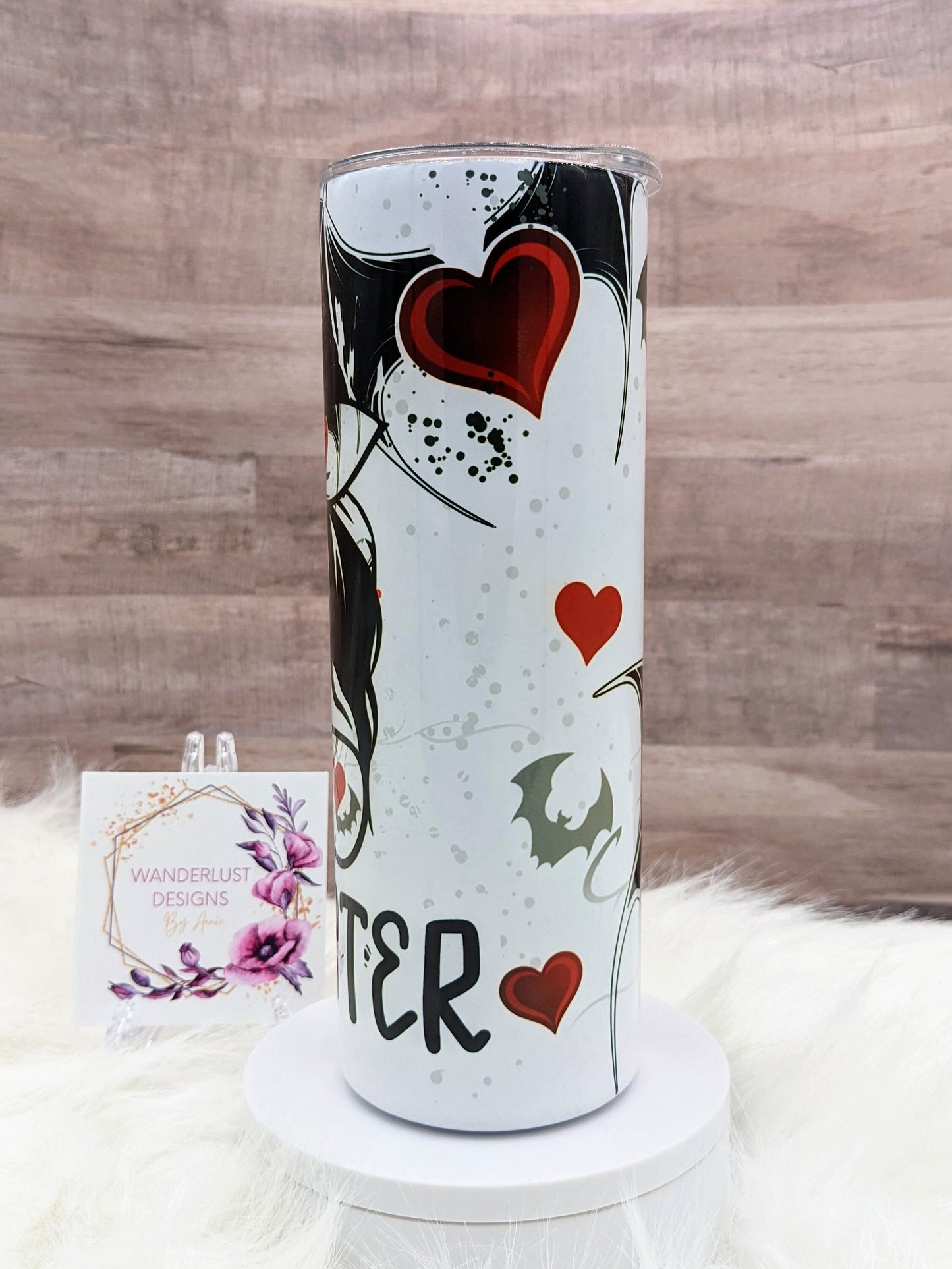 Momster Spooky Mom Bats & Hearts 20 Oz Sublimated Skinny Tumbler - Insulated Stainless Bun and Glasses Black, Grey and Red