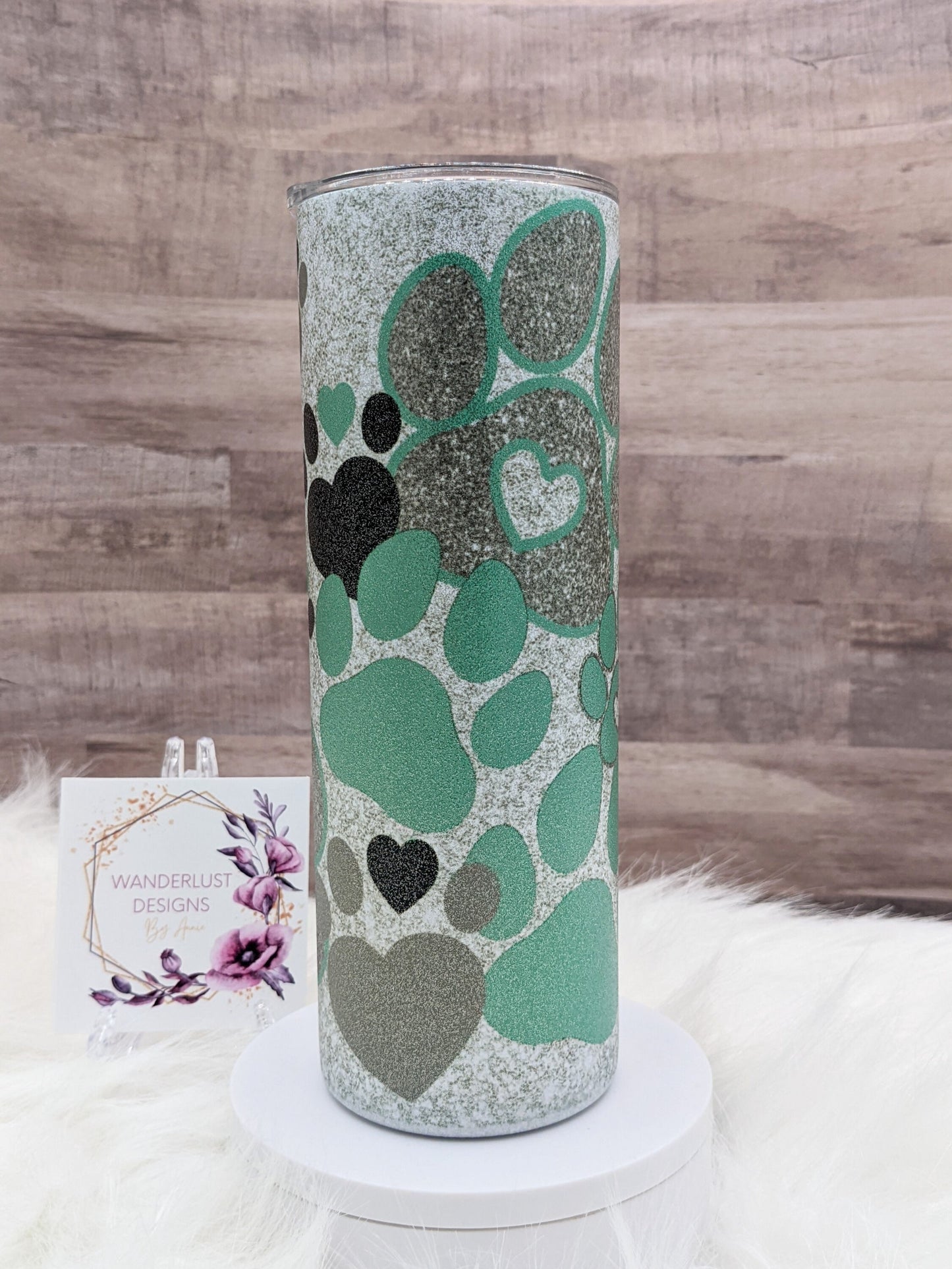 Dog Paws Pet Paws Silver Glitter Textured 20 Oz Sublimated Skinny Tumbler - Insulated Stainless Mint Green & Grey