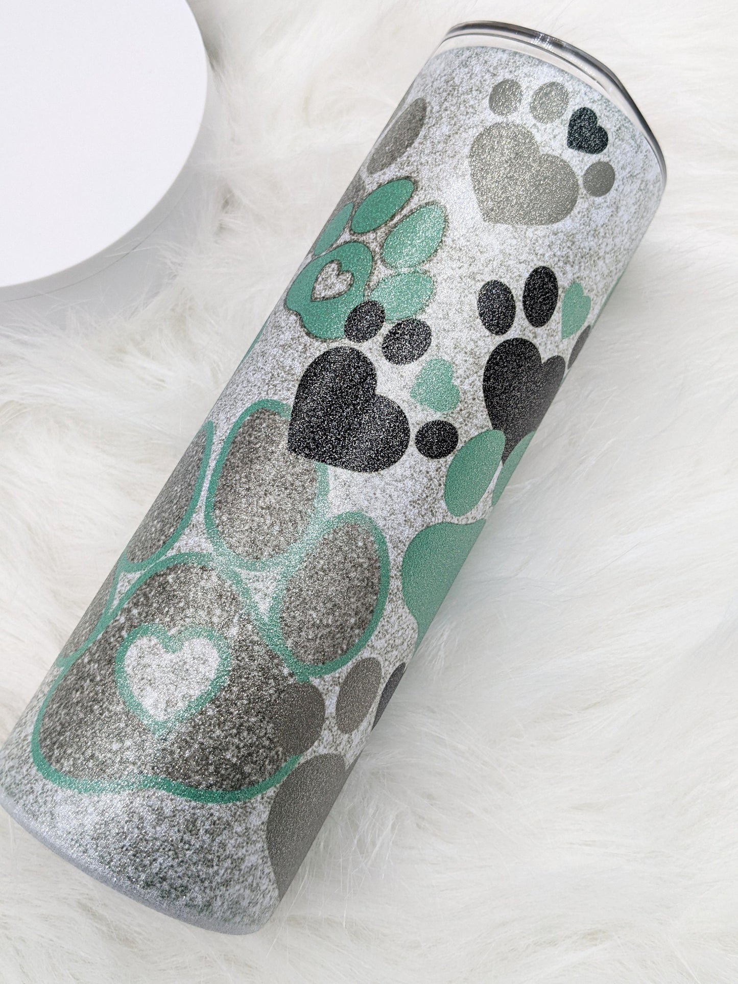 Dog Paws Pet Paws Silver Glitter Textured 20 Oz Sublimated Skinny Tumbler - Insulated Stainless Mint Green & Grey