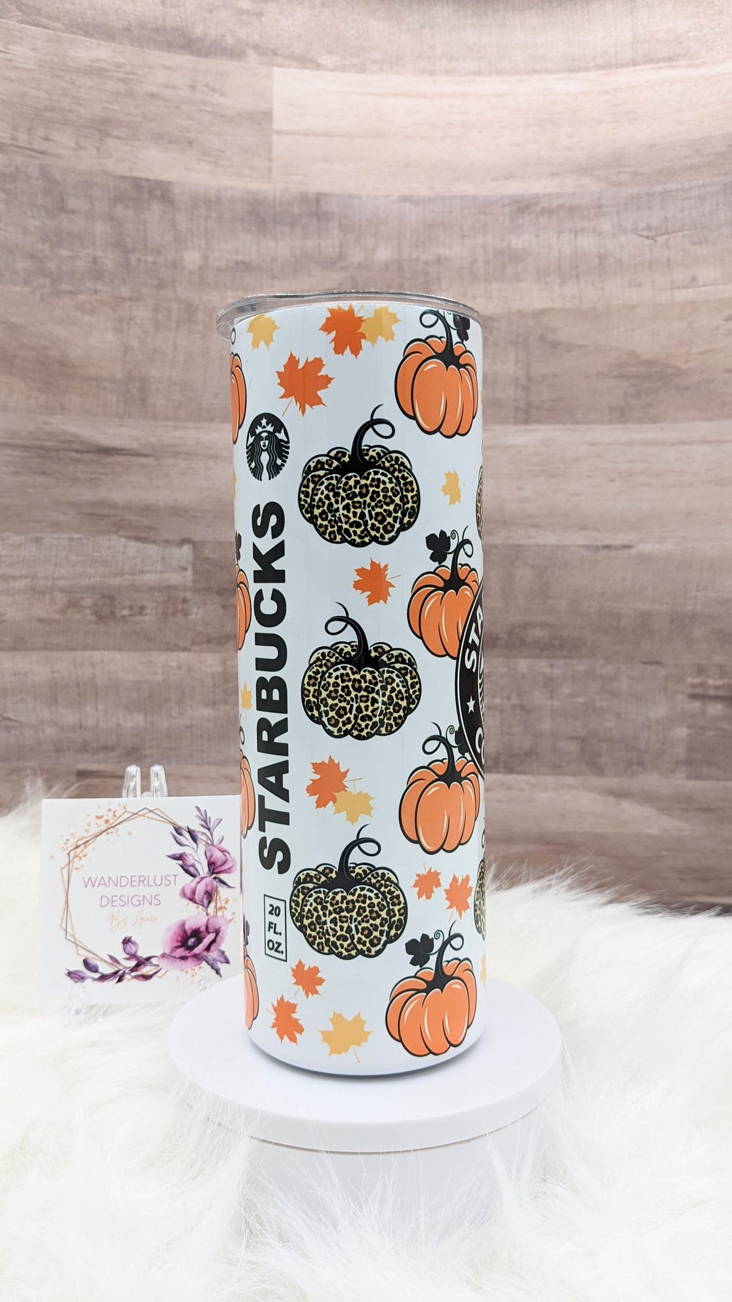 Fall Coffee Leopard Pumpkin Leaves Starbucks 20 Oz Sublimated Skinny Tumbler - Insulated Stainless