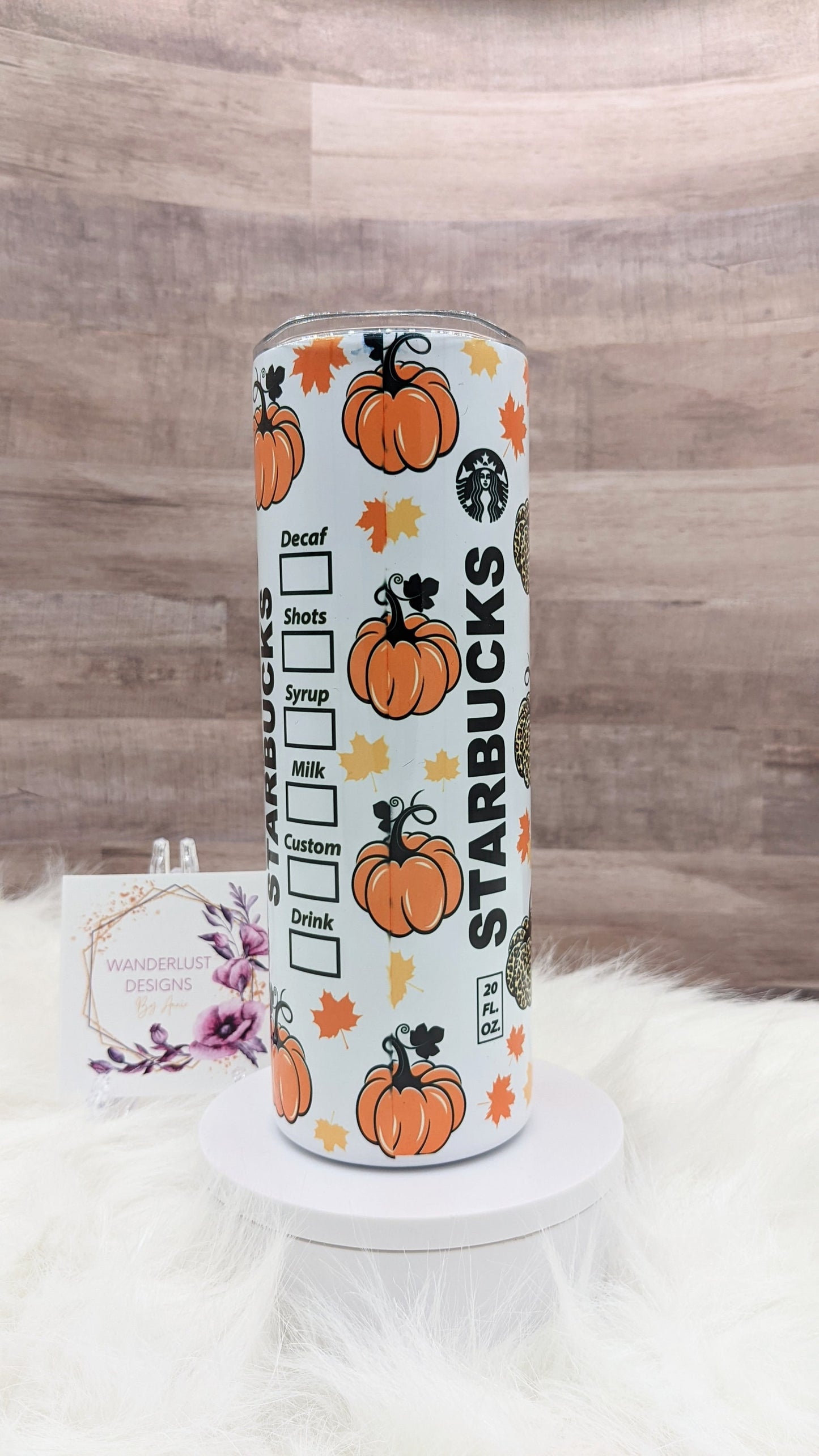 Fall Coffee Leopard Pumpkin Leaves Starbucks 20 Oz Sublimated Skinny Tumbler - Insulated Stainless