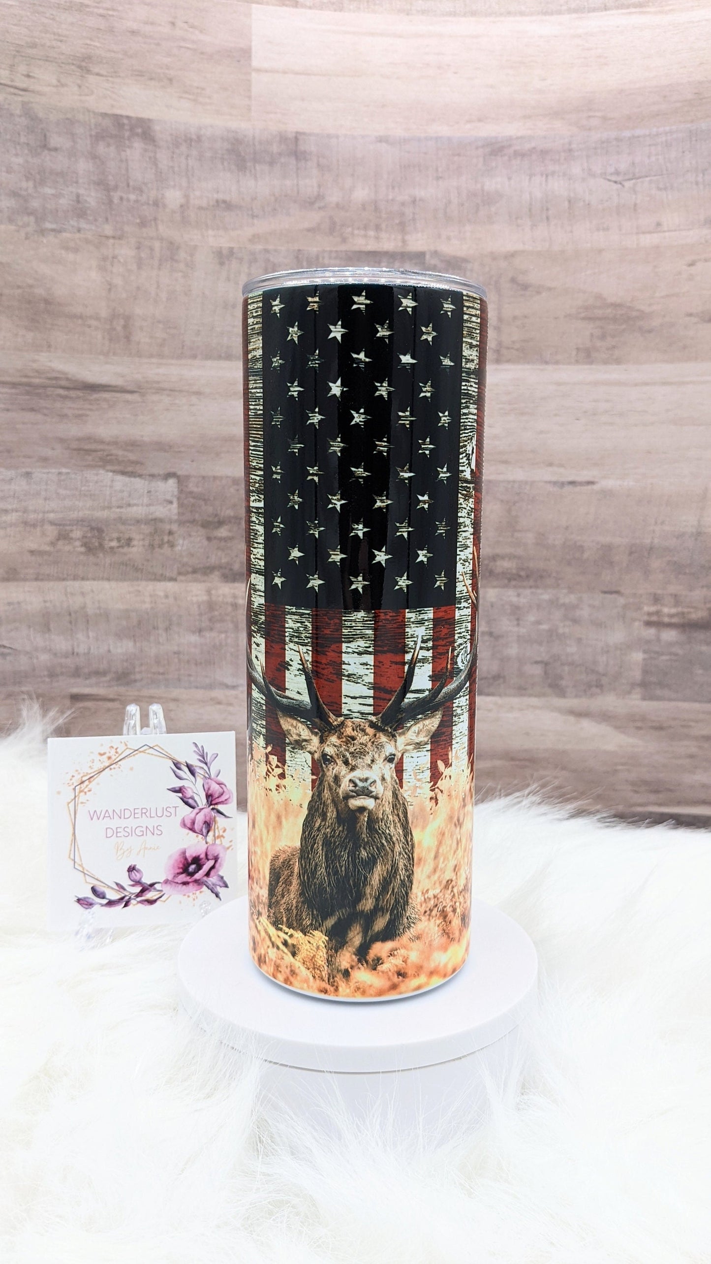 Deer with American Flag Buck Hunting 20 Oz Sublimated Skinny Tumbler - Insulated Stainless Patriotic