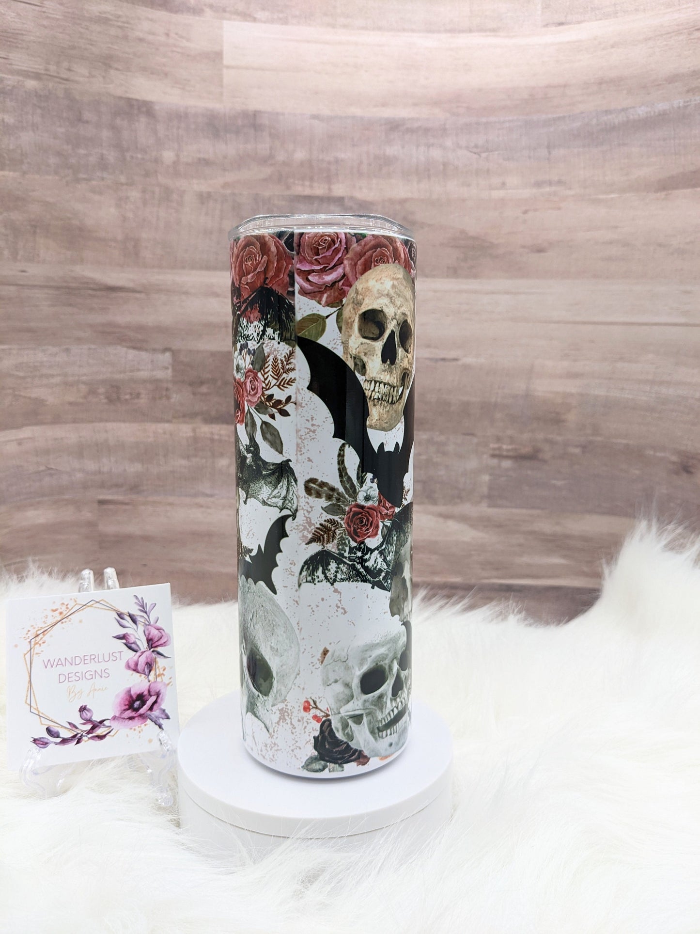 Spooky Skulls with Flowers/Roses and Bats 20 Oz Sublimated Skinny Tumbler - Insulated Stainless Black, Pink, Grey