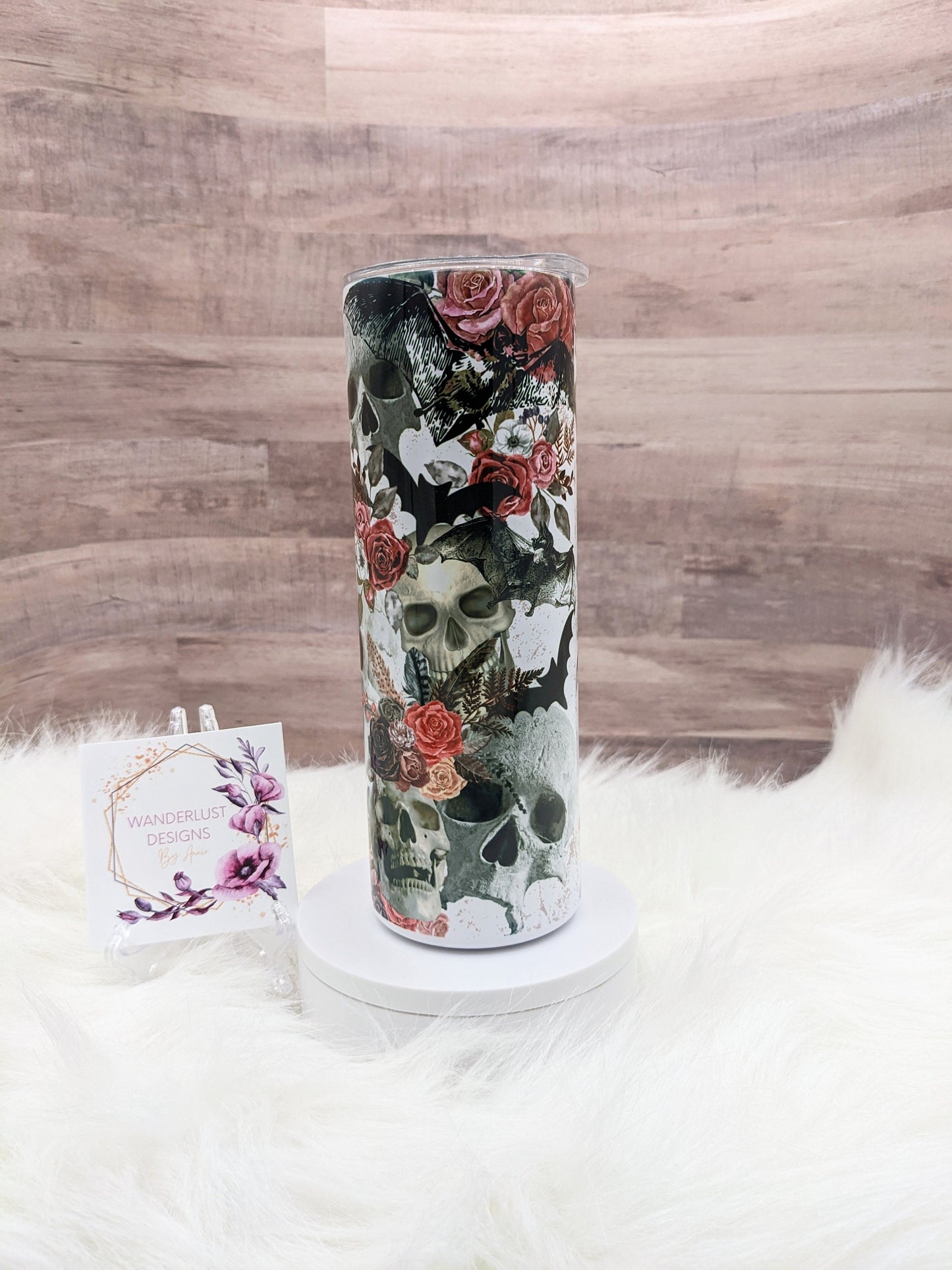 Spooky Skulls with Flowers/Roses and Bats 20 Oz Sublimated Skinny Tumbler - Insulated Stainless Black, Pink, Grey