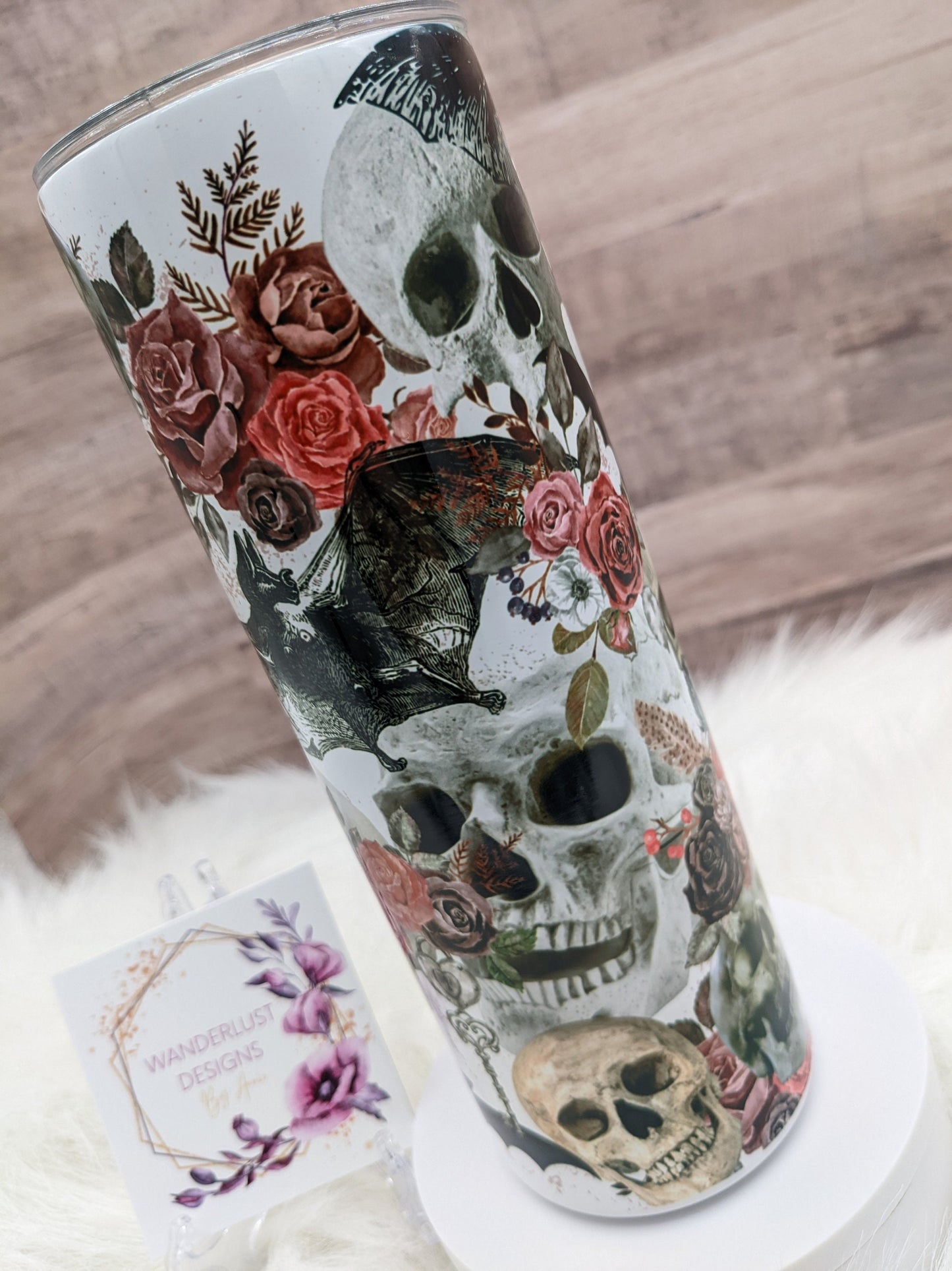 Spooky Skulls with Flowers/Roses and Bats 20 Oz Sublimated Skinny Tumbler - Insulated Stainless Black, Pink, Grey