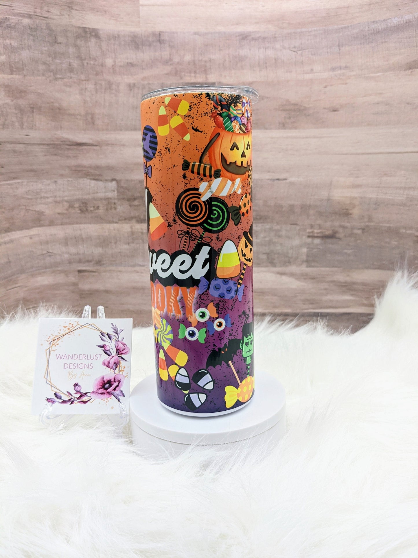 Stay Sweet and Spooky Fall Halloween Candy  20 Oz Sublimated Skinny Tumbler - Insulated Stainless Jackolantern Eyes Monster