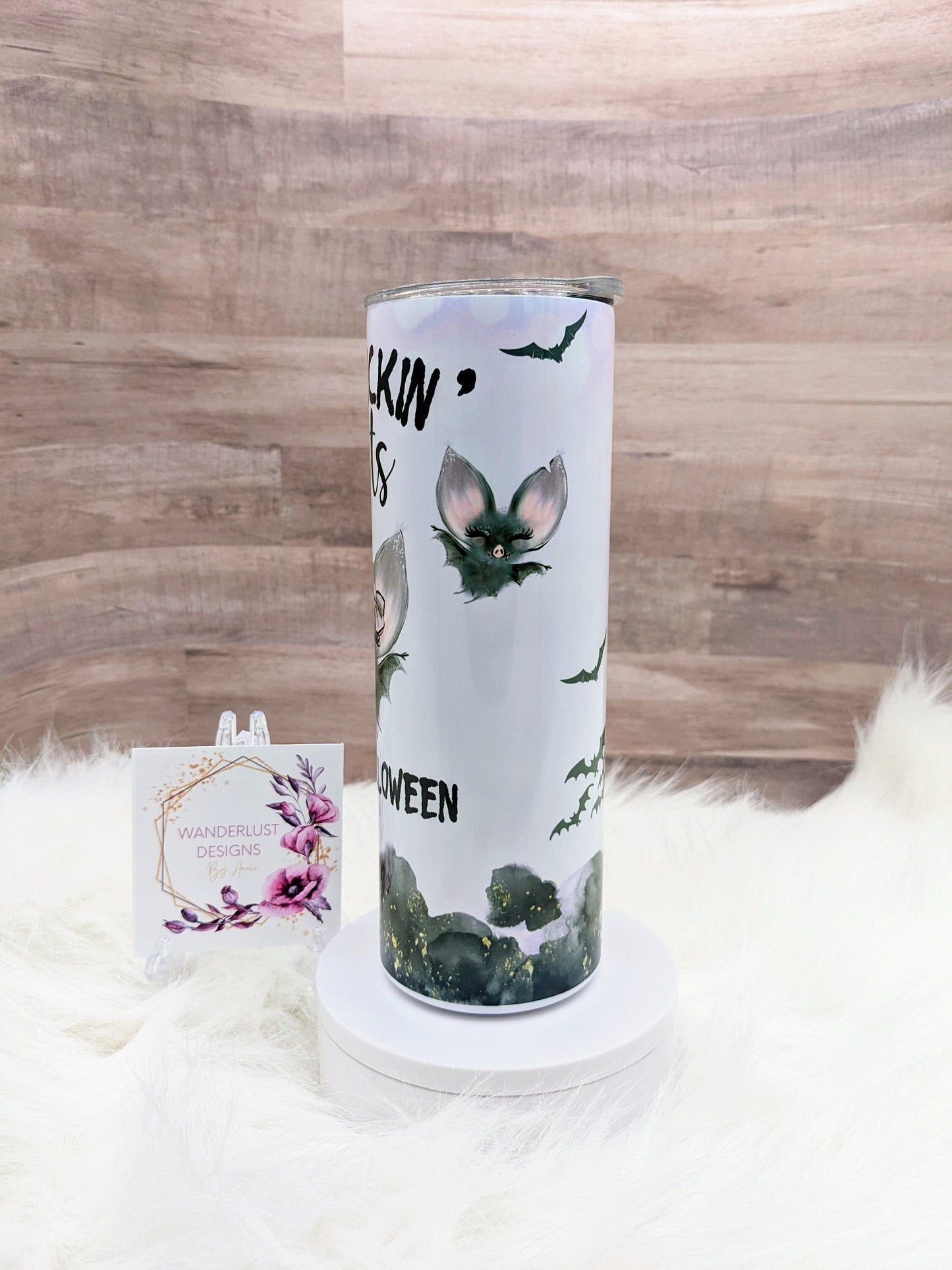 It's Frickin' Bats I Love Halloween Pale Lavender Cute with Bow 20 Oz Sublimated Skinny Tumbler - Insulated Stainless