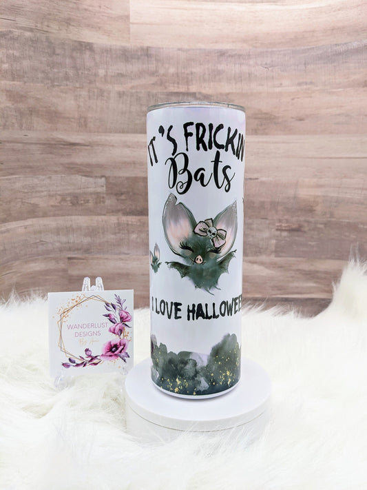 It's Frickin' Bats I Love Halloween Pale Lavender Cute with Bow 20 Oz Sublimated Skinny Tumbler - Insulated Stainless