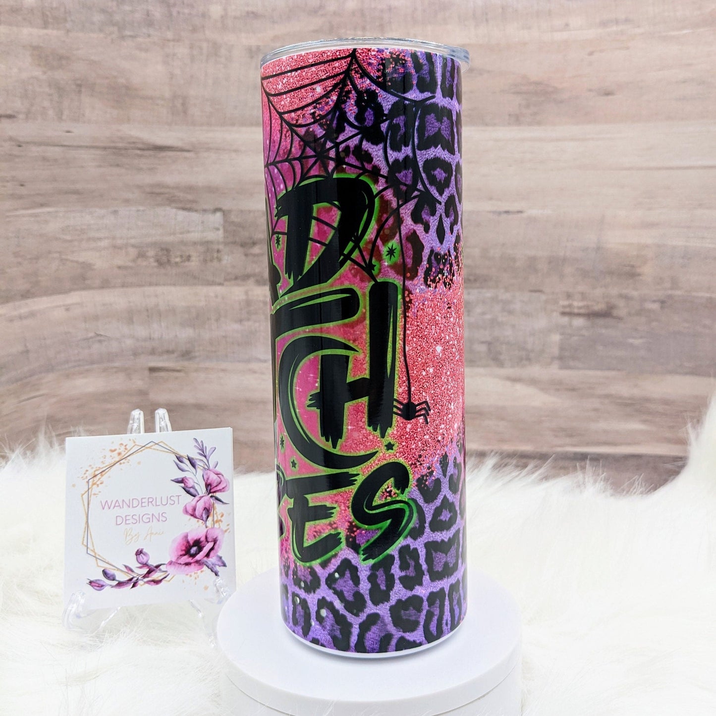 Bad Witch Vibes Pink Glitter & Purple Leopard Print 20 Oz Sublimated Skinny Tumbler - Insulated Stainless