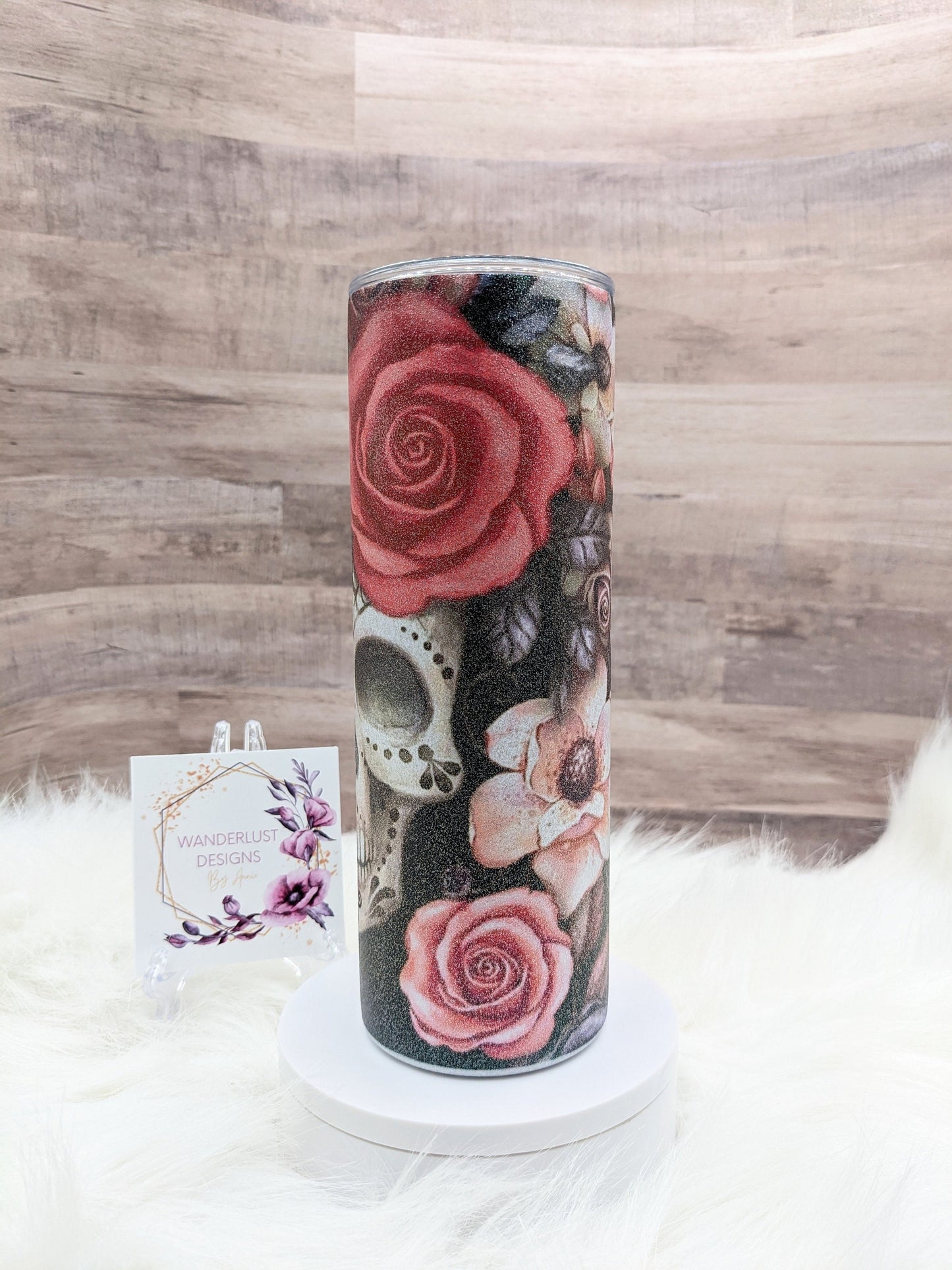 Spooky Skulls with Flowers/Roses and Bats 20 Oz Sublimated Skinny Tumbler - Insulated Stainless Black, Pink, Grey