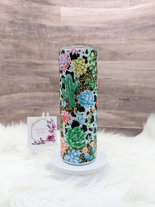 Succulent Plant Cactus Leopard and Cowhide  Matte Finish 20 Oz Sublimation Skinny Tumbler - Insulated Stainless