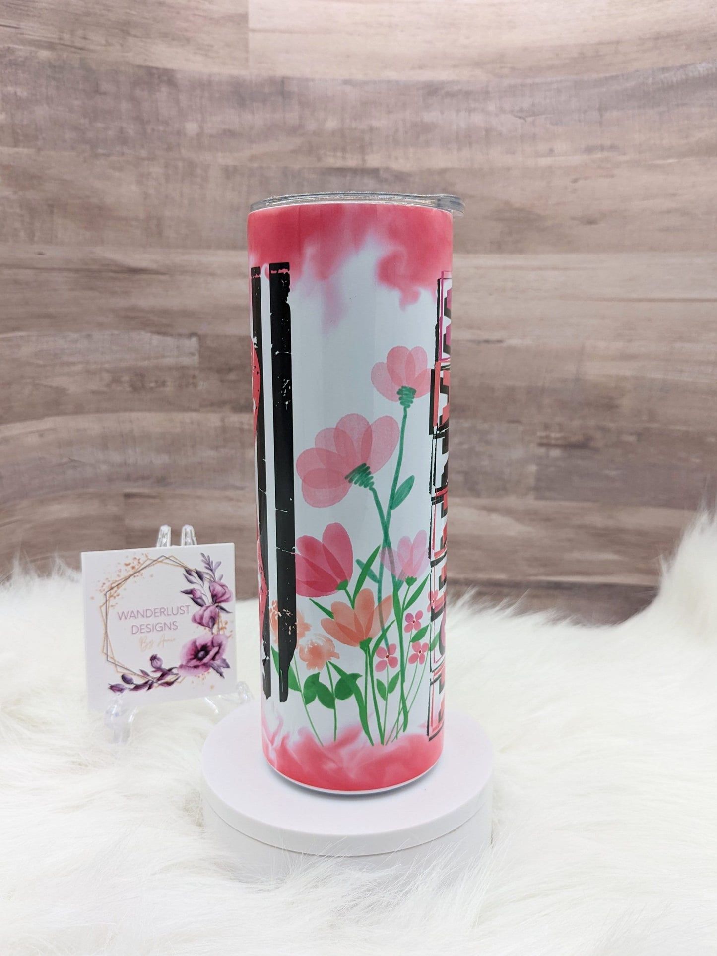 Breast Cancer Awareness Warrior Floral with Flag 20 Oz Sublimated Skinny Tumbler - Insulated Stainless Pink October BCA