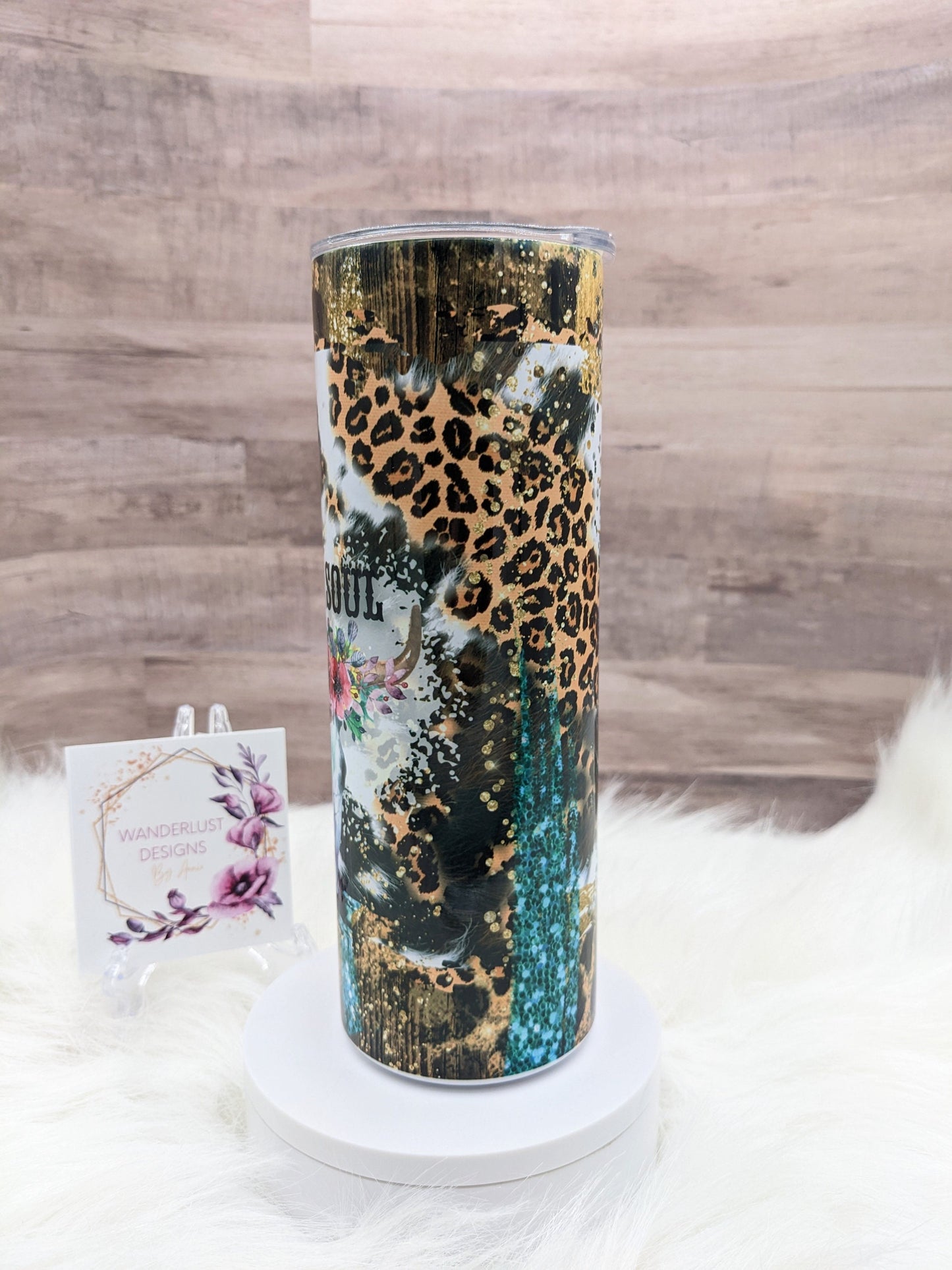 Wild Soul Leopard Glitter Bling Longhorn with Flowers Western Combs 20 Oz Sublimated Skinny Tumbler - Insulated Stainless Boho