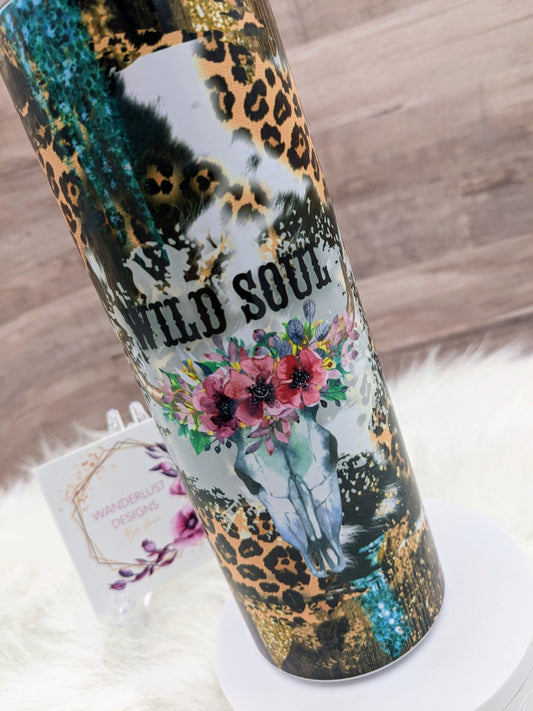 Wild Soul Leopard Glitter Bling Longhorn with Flowers Western Combs 20 Oz Sublimated Skinny Tumbler - Insulated Stainless Boho