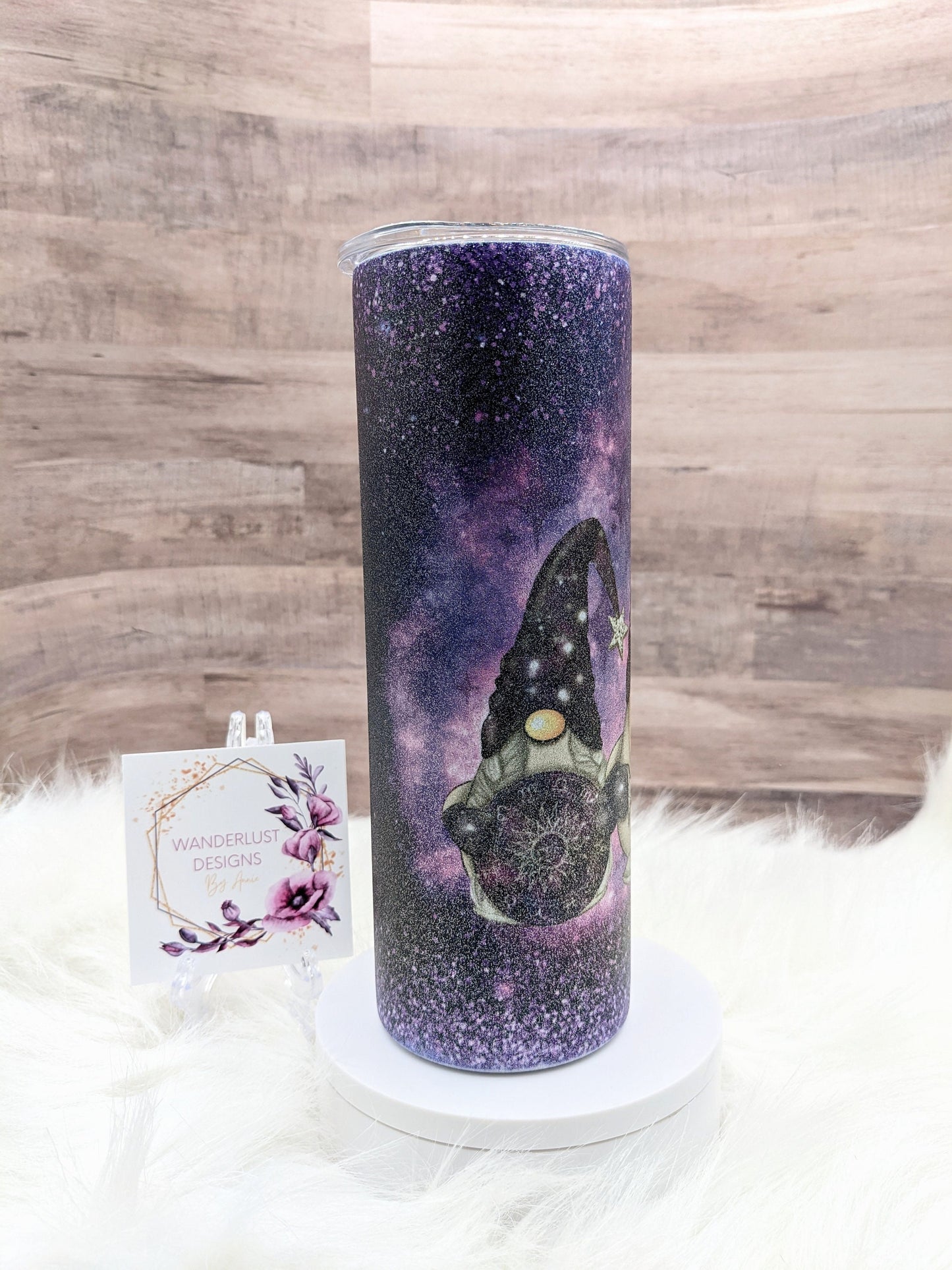 Purple Celestial Gnome Reach for the Stars Inspirational Sparkle Sublimated Skinny Tumbler - Insulated Stainless