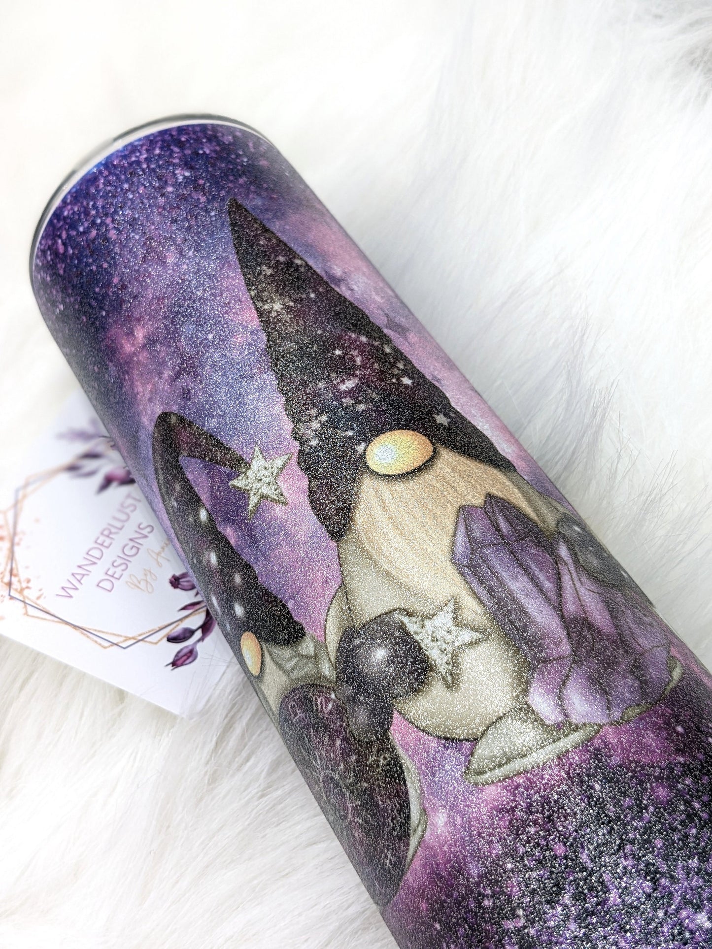 Purple Celestial Gnome Reach for the Stars Inspirational Sparkle Sublimated Skinny Tumbler - Insulated Stainless