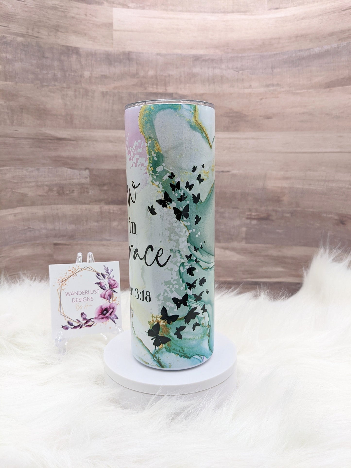 Grow in Grace 2 Peter 3:18 Shimmer Holographic Watercolor Butterfly 20 Oz Sublimated Skinny Tumbler - Insulated Stainless