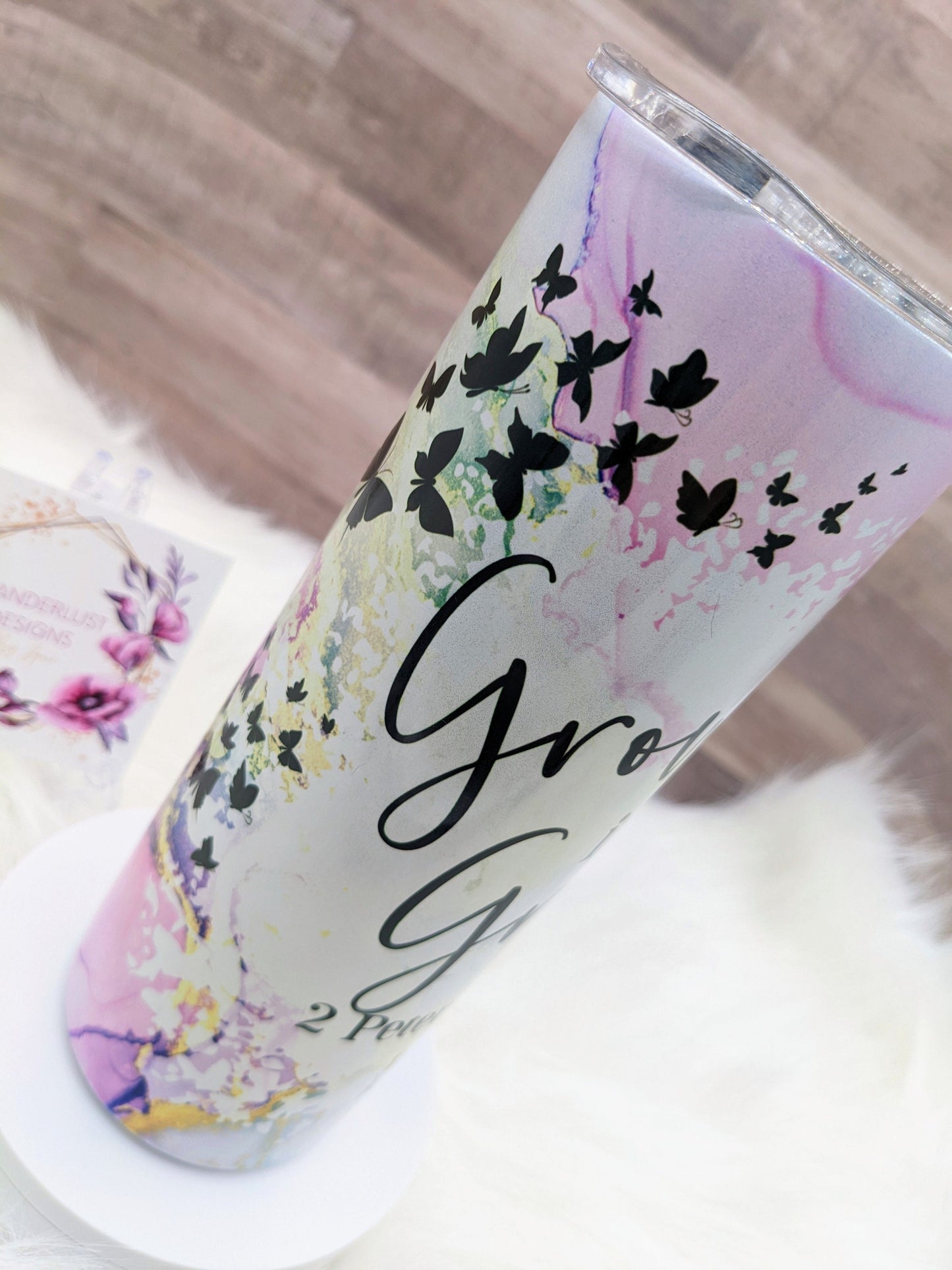 Grow in Grace 2 Peter 3:18 Shimmer Holographic Watercolor Butterfly 20 Oz Sublimated Skinny Tumbler - Insulated Stainless