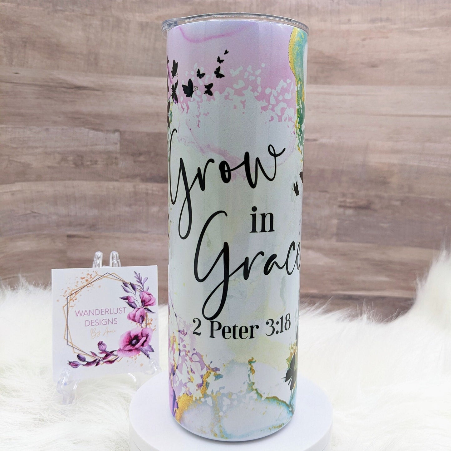 Grow in Grace 2 Peter 3:18 Shimmer Holographic Watercolor Butterfly 20 Oz Sublimated Skinny Tumbler - Insulated Stainless