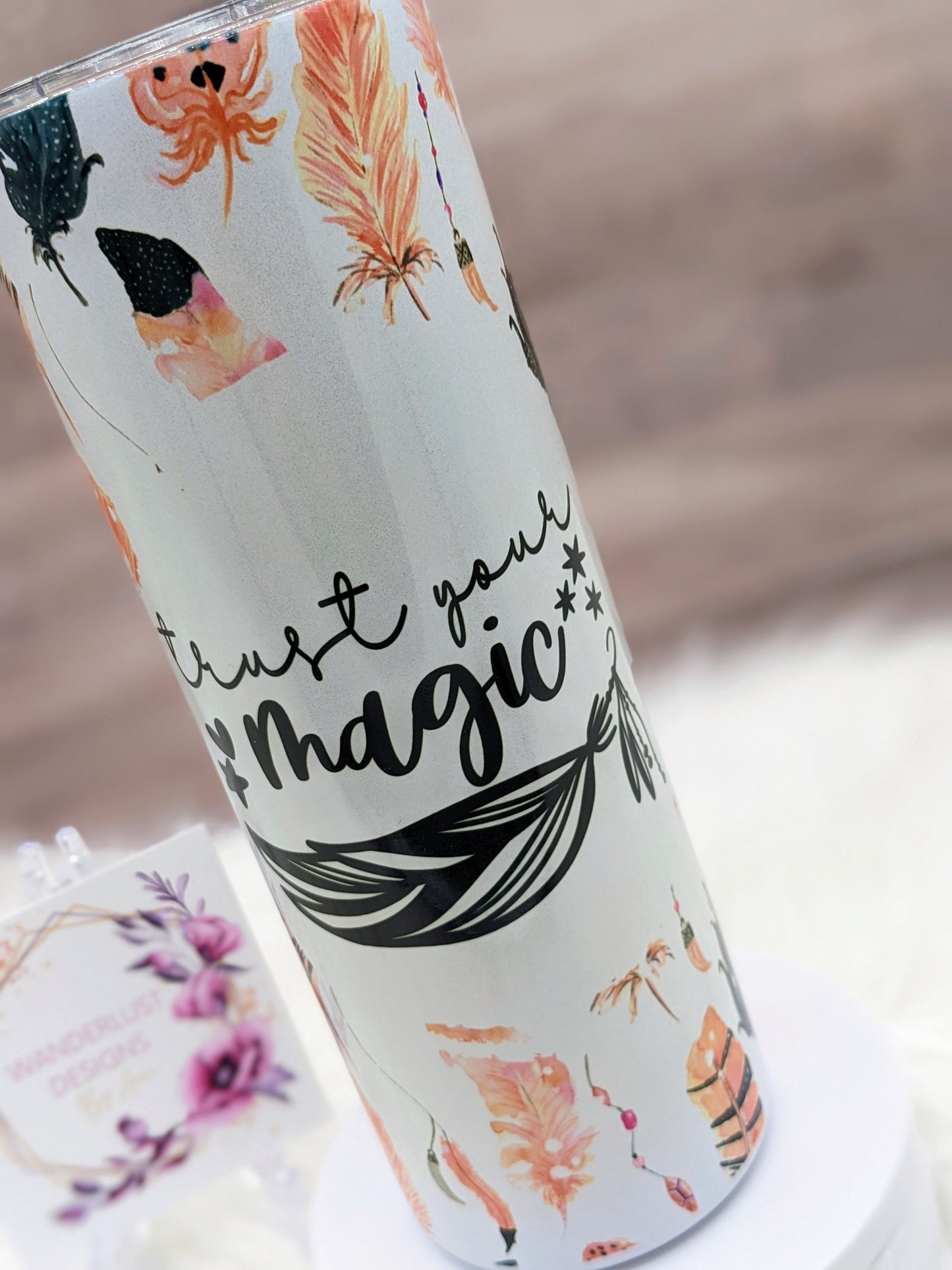 Trust Your Magic Feather Boho Shimmer Holographic 20 Oz Sublimated Skinny Tumbler - Insulated Stainless