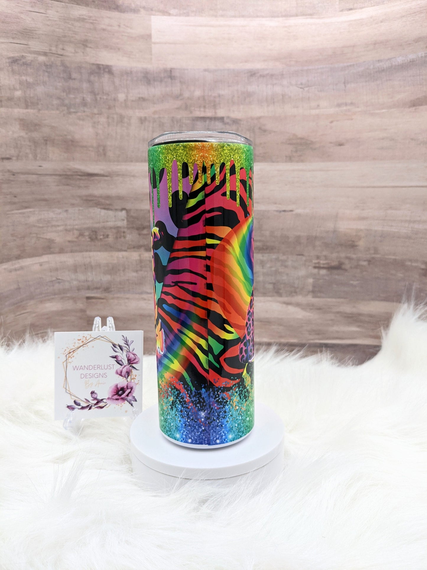 90's Lisa Frank Inspired Bright Tiger Glitter Drip Sublimation 20 Oz Skinny Tumbler - Insulated Stainless