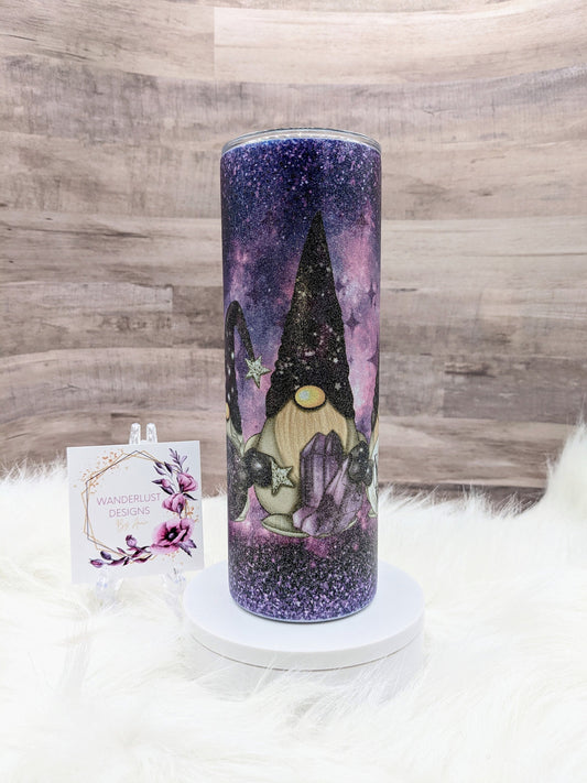 Purple Celestial Gnome Reach for the Stars Inspirational Sparkle Sublimated Skinny Tumbler - Insulated Stainless