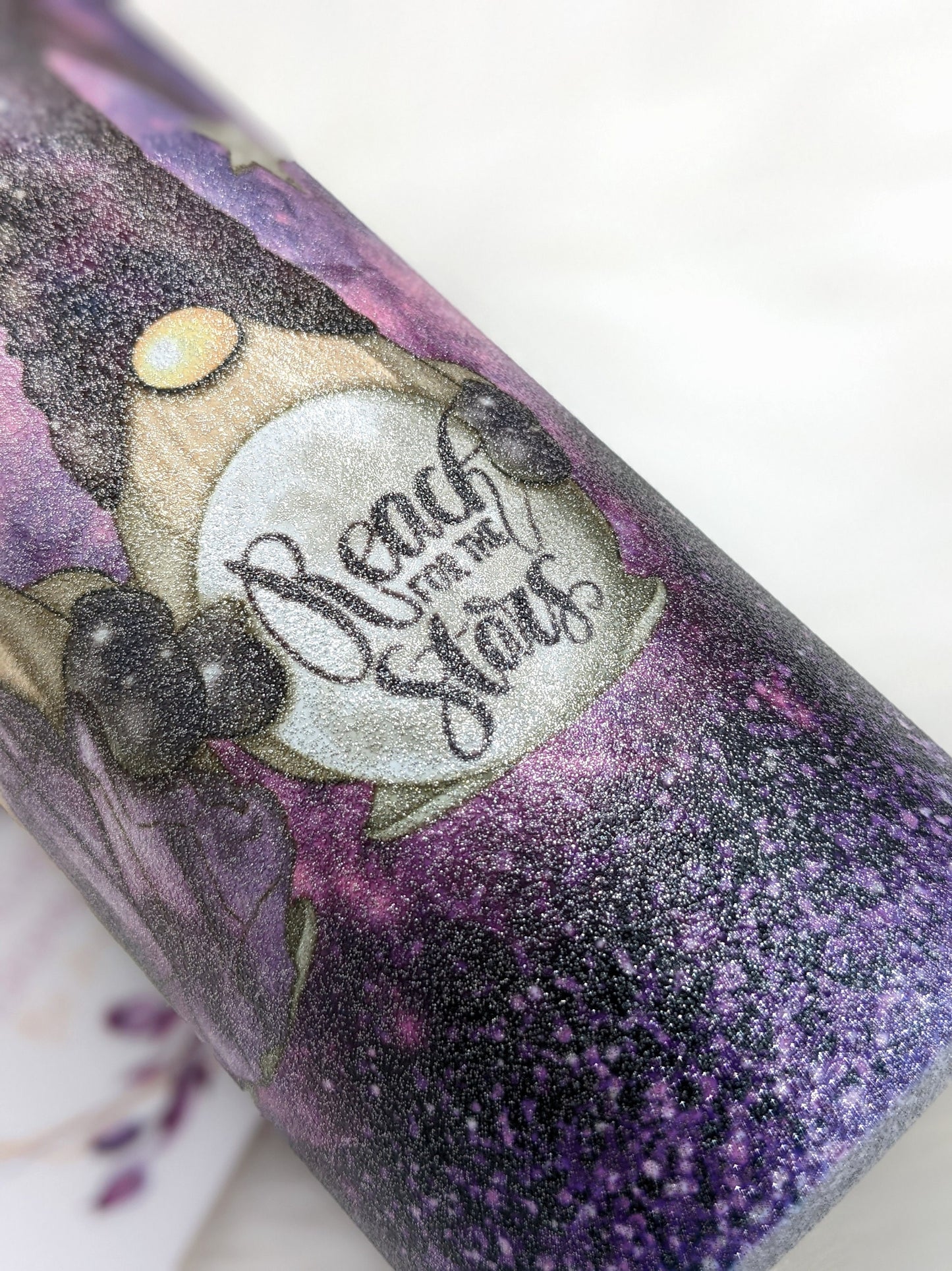 Purple Celestial Gnome Reach for the Stars Inspirational Sparkle Sublimated Skinny Tumbler - Insulated Stainless