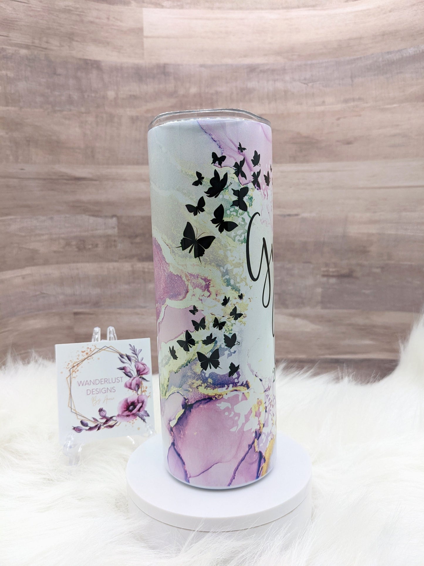 Grow in Grace 2 Peter 3:18 Shimmer Holographic Watercolor Butterfly 20 Oz Sublimated Skinny Tumbler - Insulated Stainless