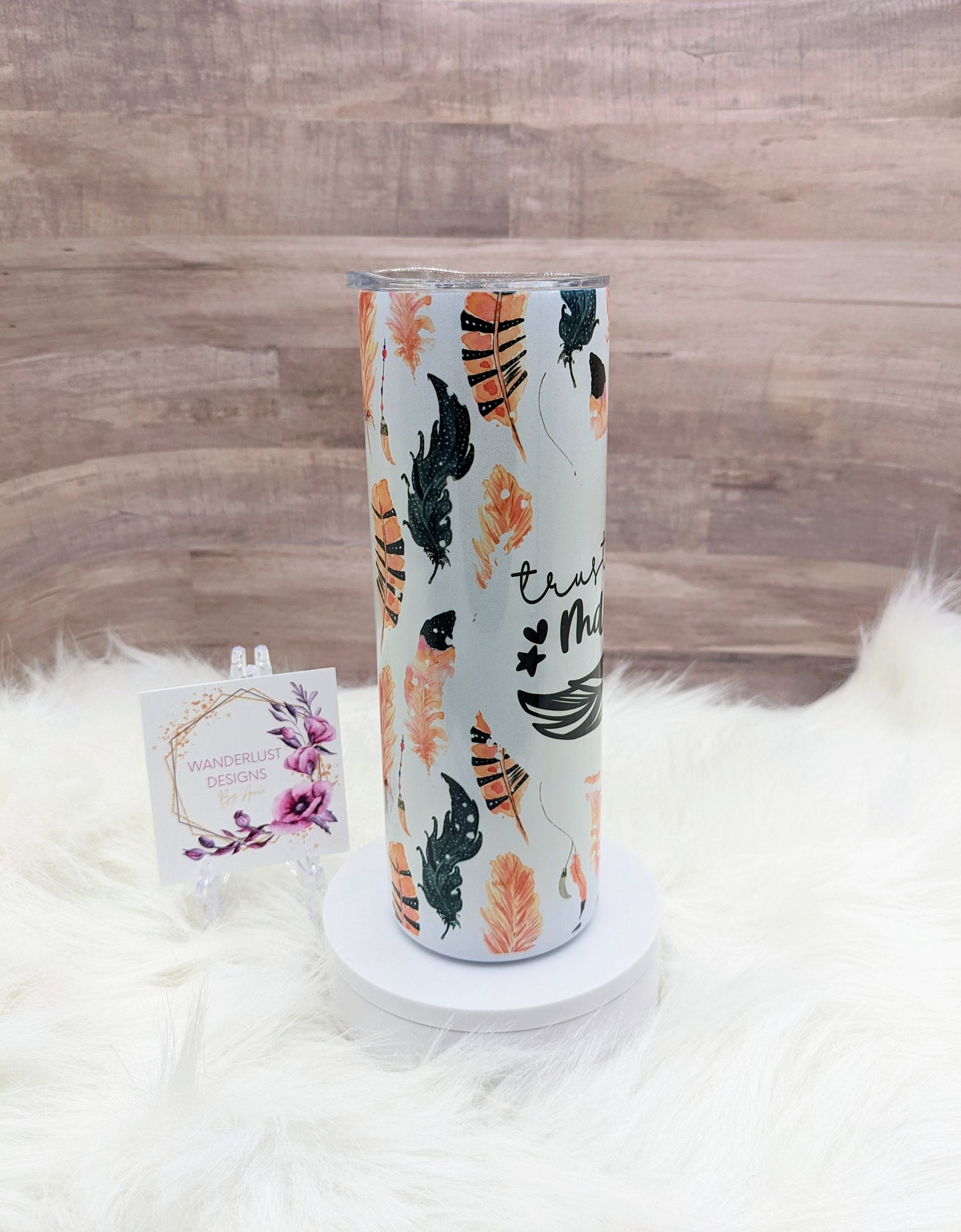 Trust Your Magic Feather Boho Shimmer Holographic 20 Oz Sublimated Skinny Tumbler - Insulated Stainless