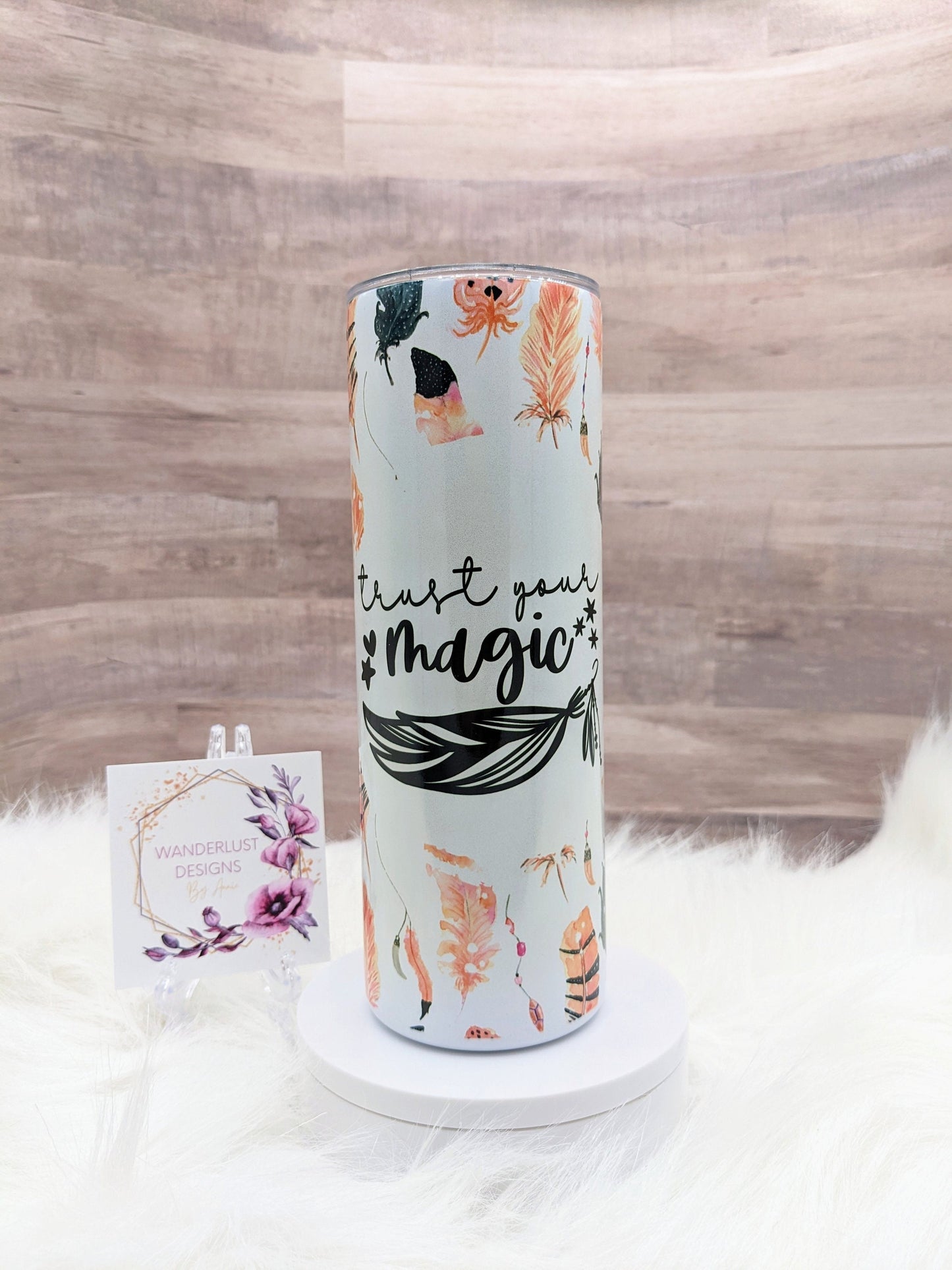 Trust Your Magic Feather Boho Shimmer Holographic 20 Oz Sublimated Skinny Tumbler - Insulated Stainless