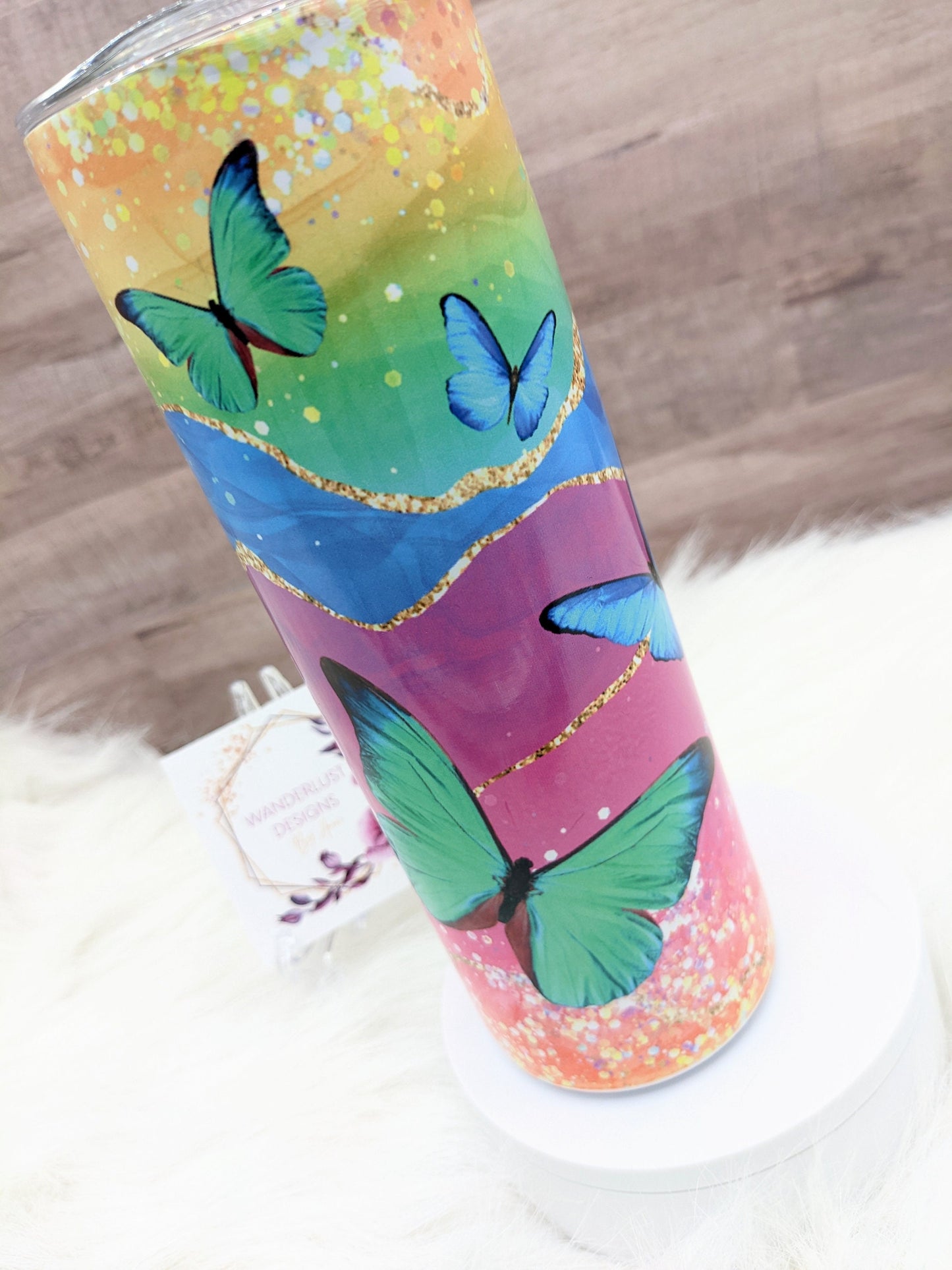 Butterfly Glitter Pink, Coral, Purple, Green Blue Oz Sublimated Skinny Tumbler - Insulated Stainless