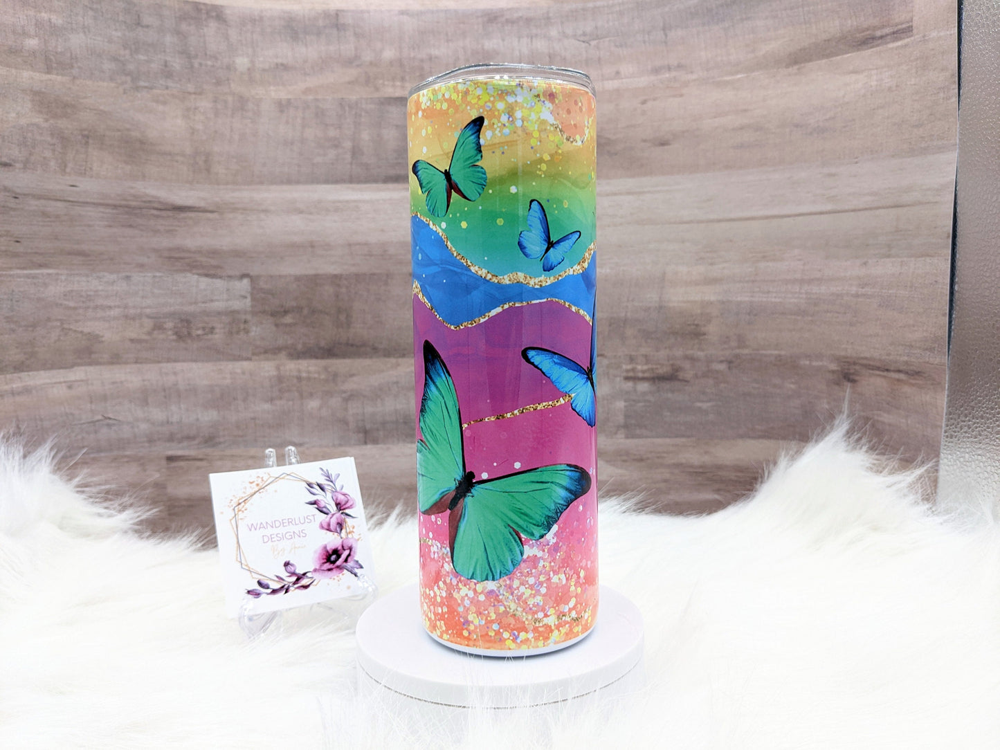 Butterfly Glitter Pink, Coral, Purple, Green Blue Oz Sublimated Skinny Tumbler - Insulated Stainless