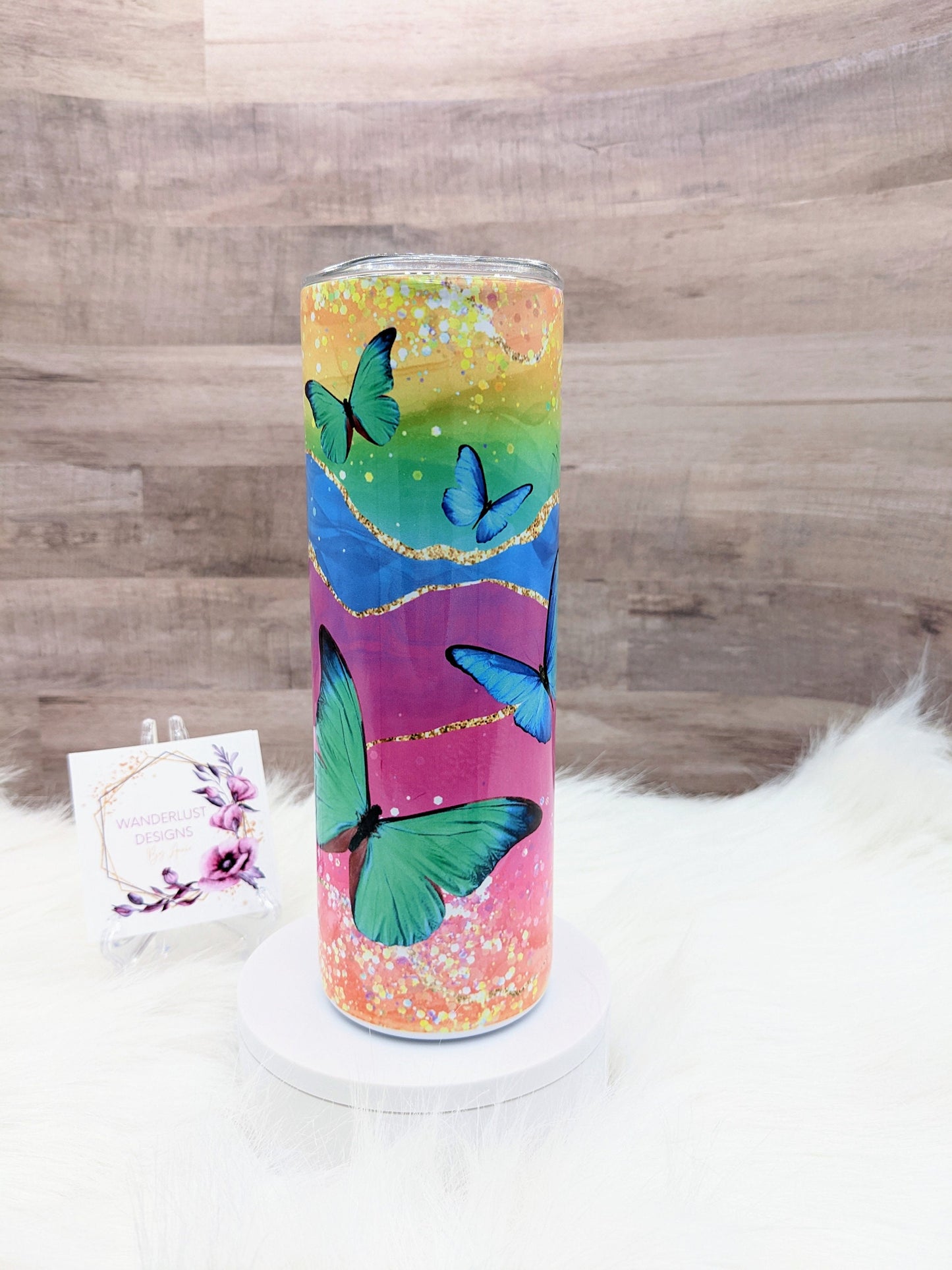 Butterfly Glitter Pink, Coral, Purple, Green Blue Oz Sublimated Skinny Tumbler - Insulated Stainless